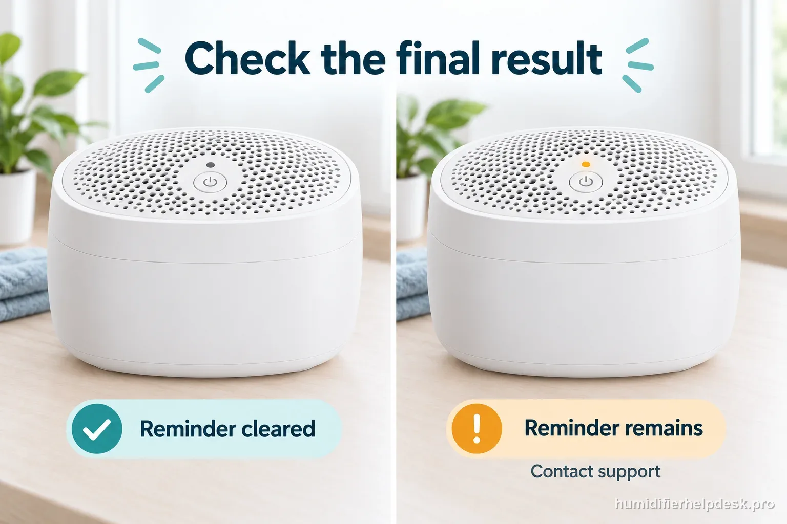 Two illustrative humidifier states compare a dark filter reminder with a lit reminder that needs support confirmation.