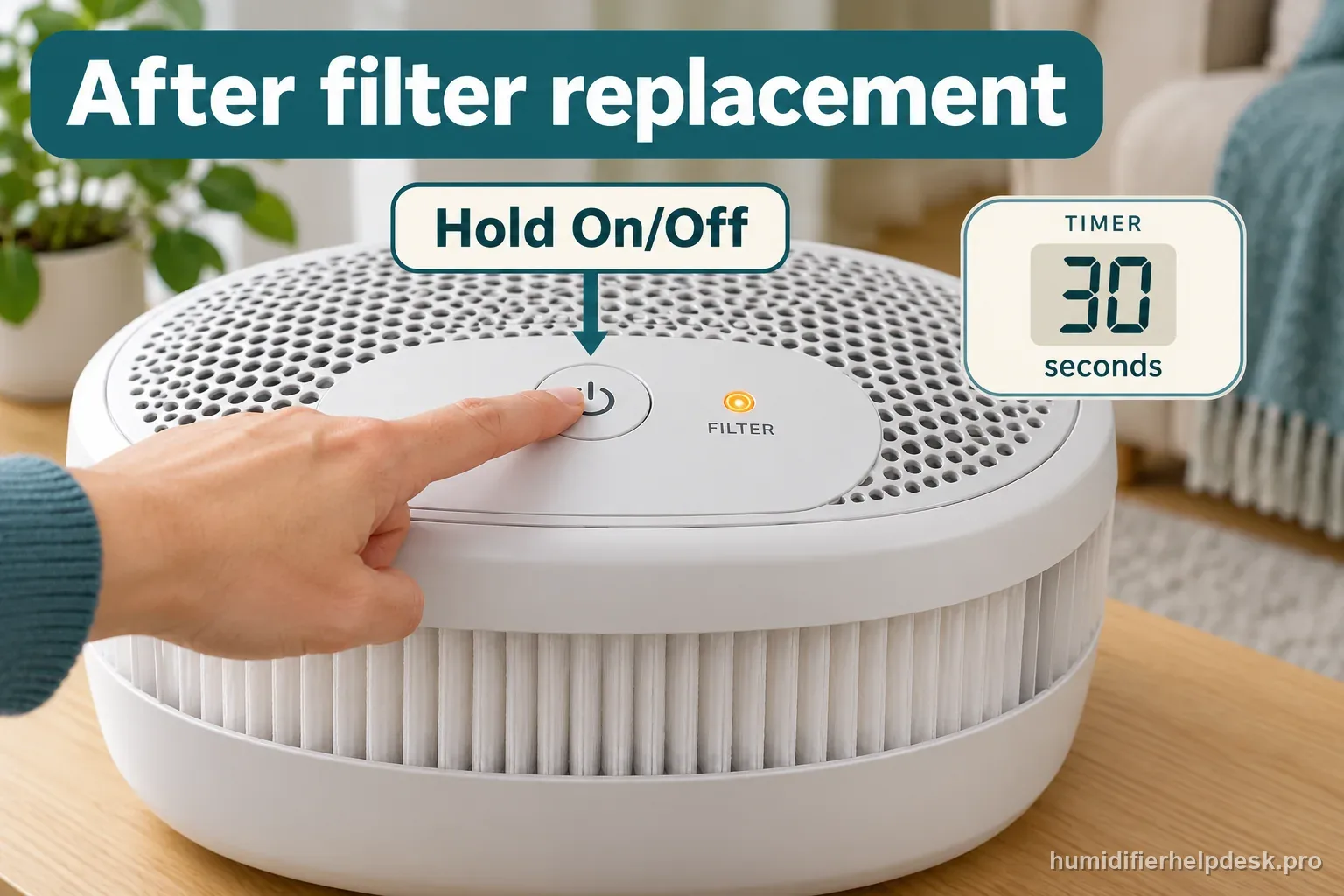 A finger holds an illustrative humidifier top power control beside a filter light and a timer reading thirty seconds.