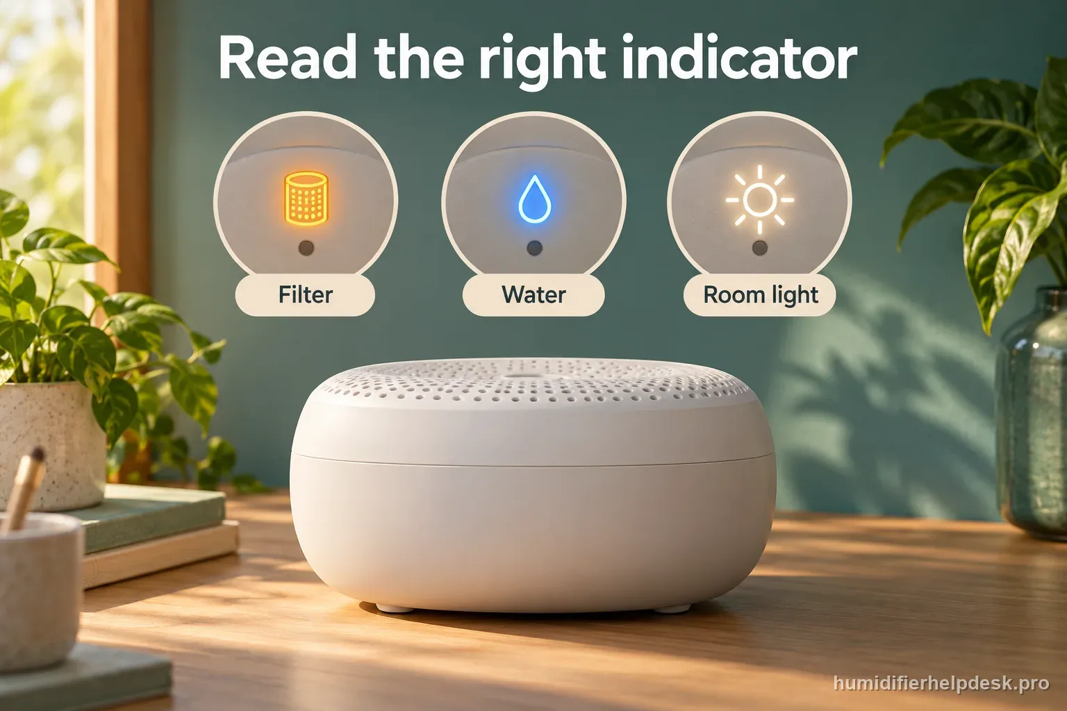 Three labeled conceptual indicators distinguish filter maintenance, water supply, and room light around an evaporative humidifier.