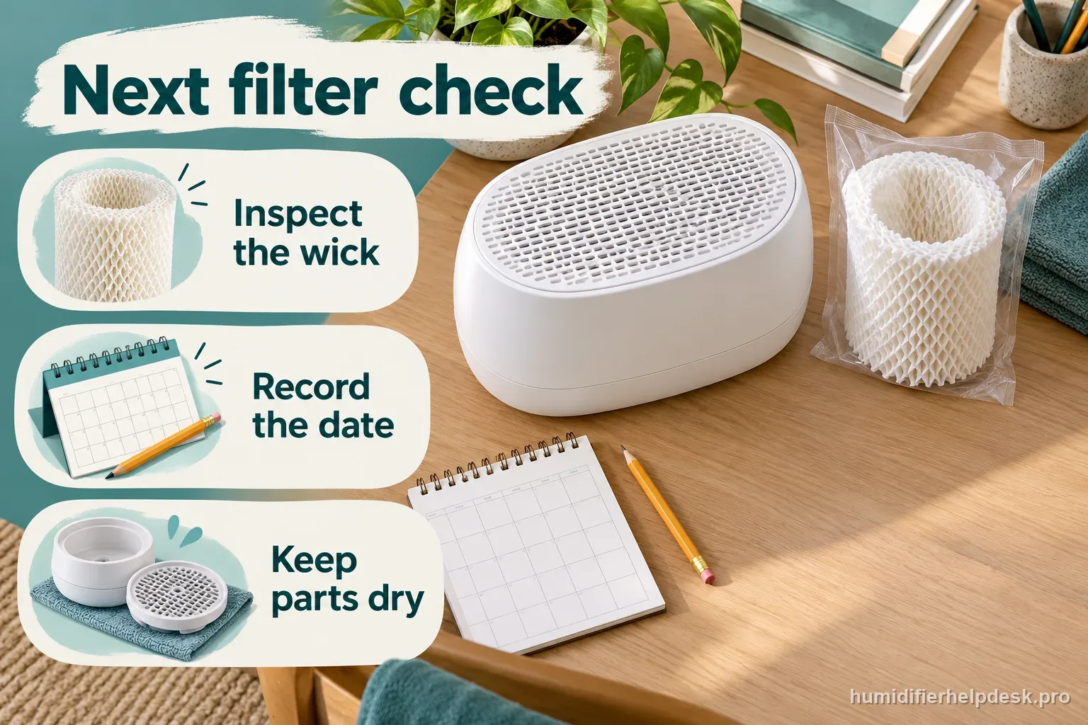 A calendar and replacement paper wick sit beside a humidifier with labels to inspect the wick, record the date, and keep parts dry.