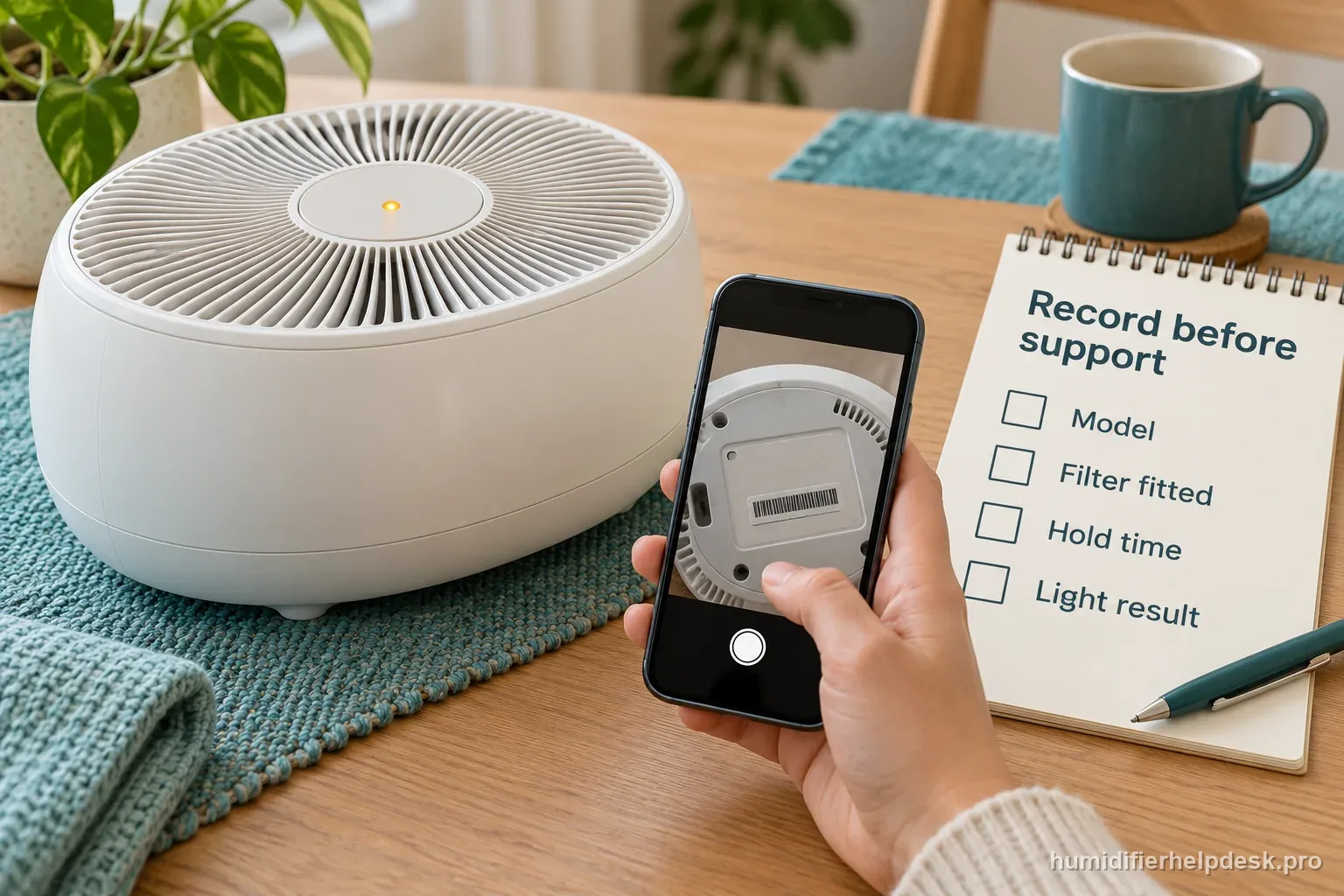 A phone photographs a humidifier model label beside a checklist for the model, fitted filter, hold time, and light result.
