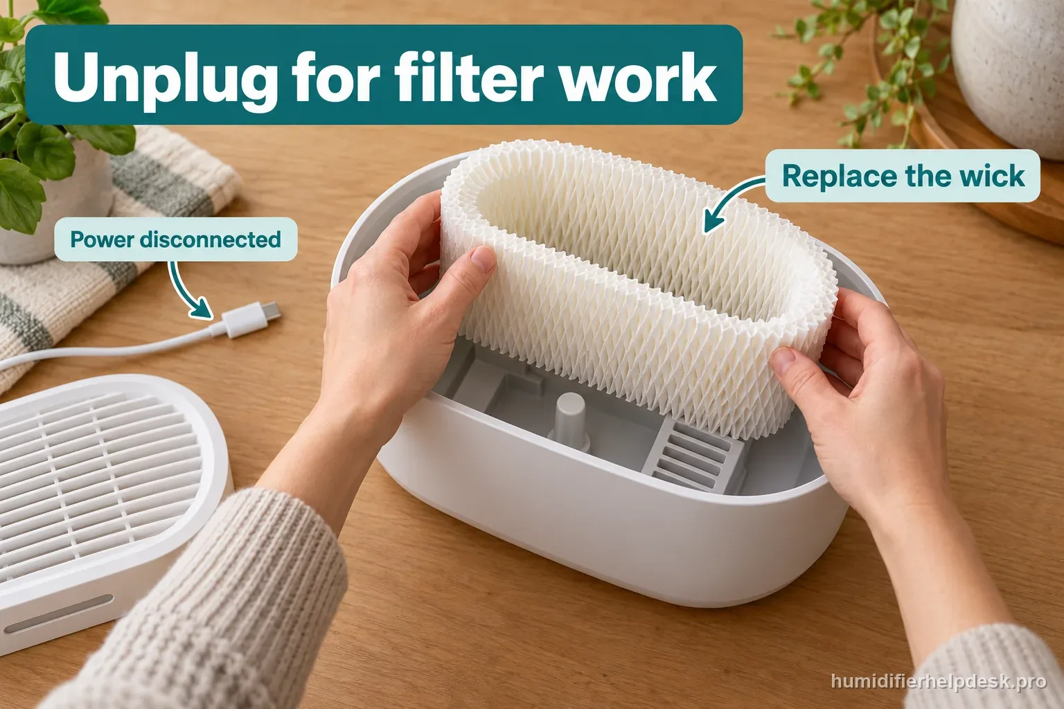 Hands lift a white paper wick from a humidifier tray while a disconnected power cable lies beside the removable parts.