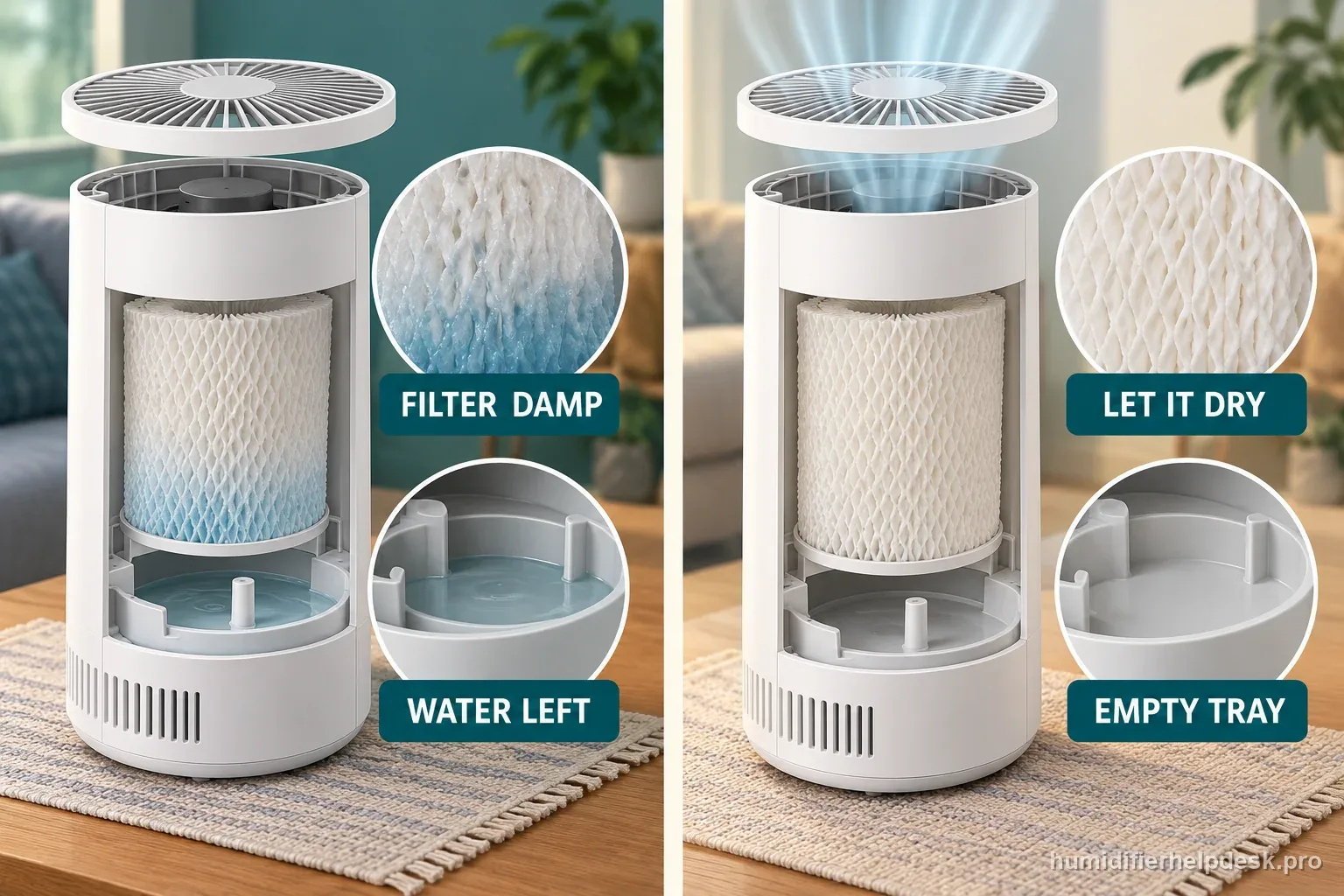 Two labeled evaporative humidifier states compare a damp wick and water remaining with an emptied tray and a wick left to dry.