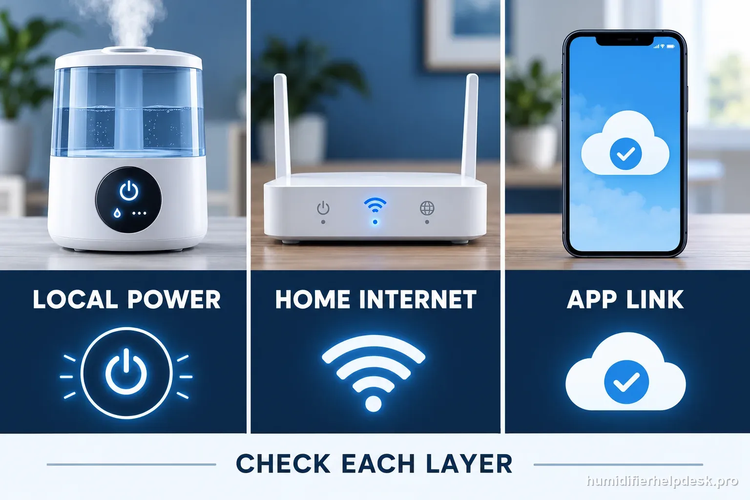 Three labeled panels distinguish local humidifier power, home internet, and the VeSync app link.