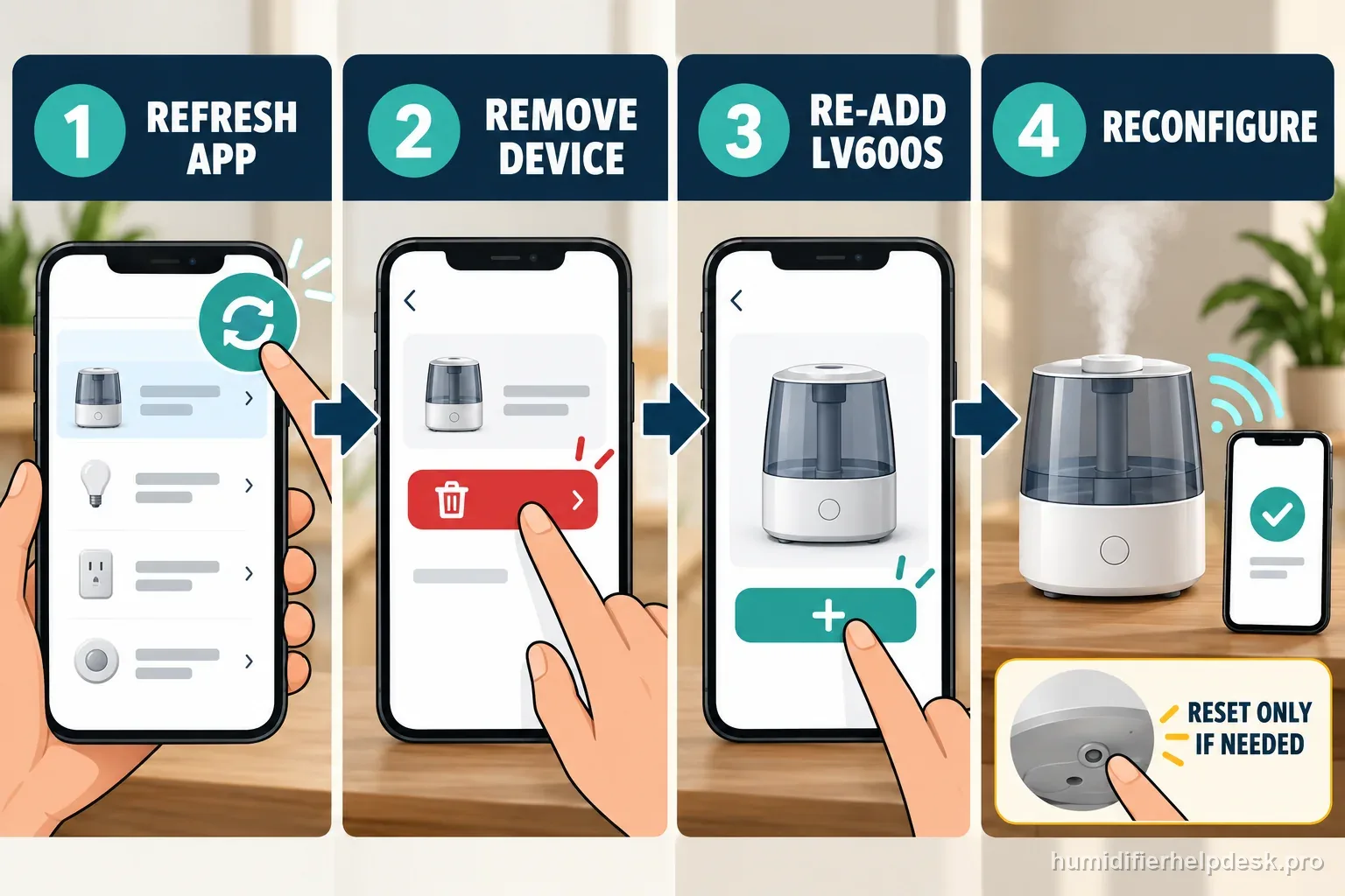 Four labeled steps show refreshing VeSync, removing the device, adding the LV600S again, and reconfiguring it.