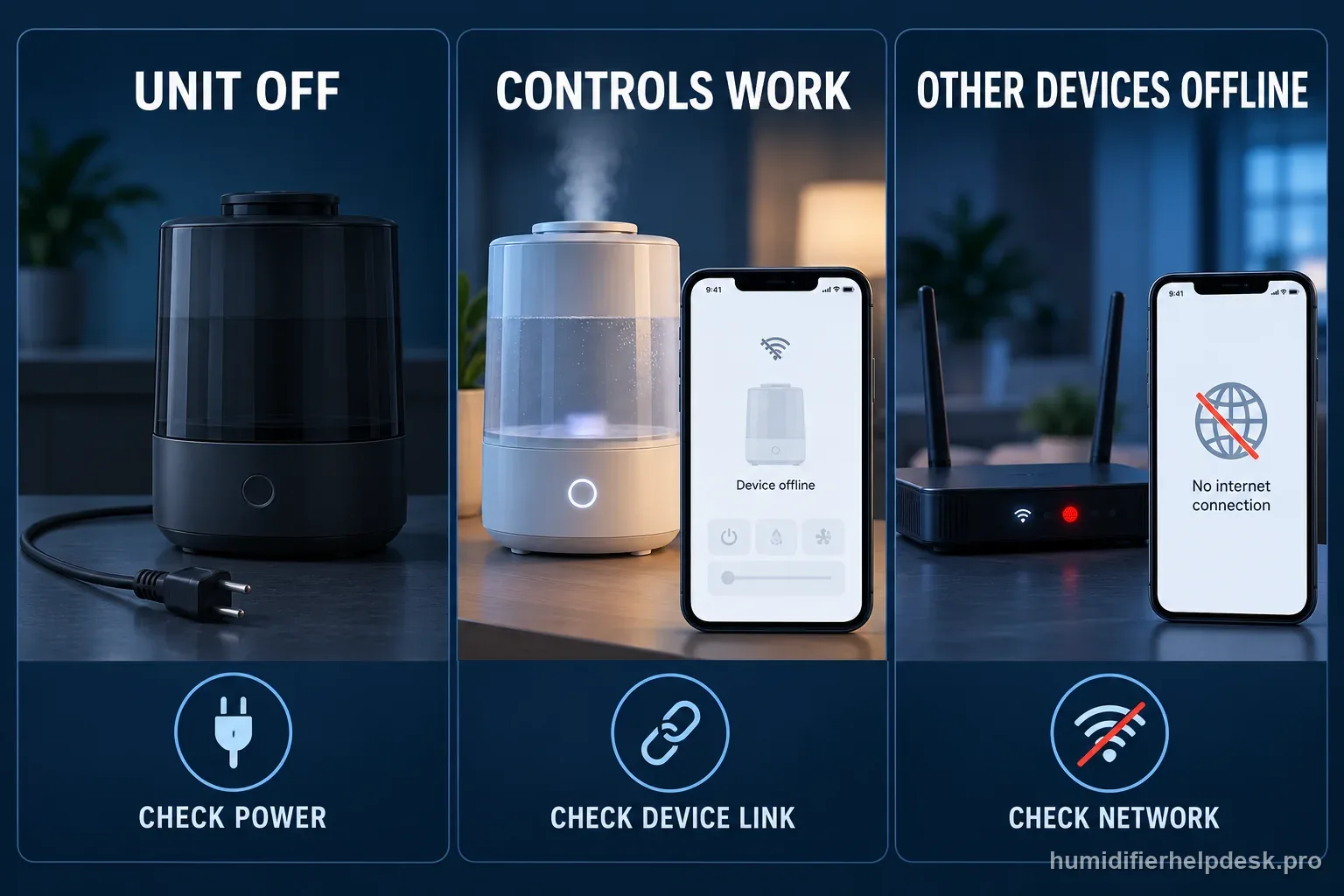 Three labeled states distinguish an unpowered unit, a powered unit with an app link failure, and a broader internet outage.