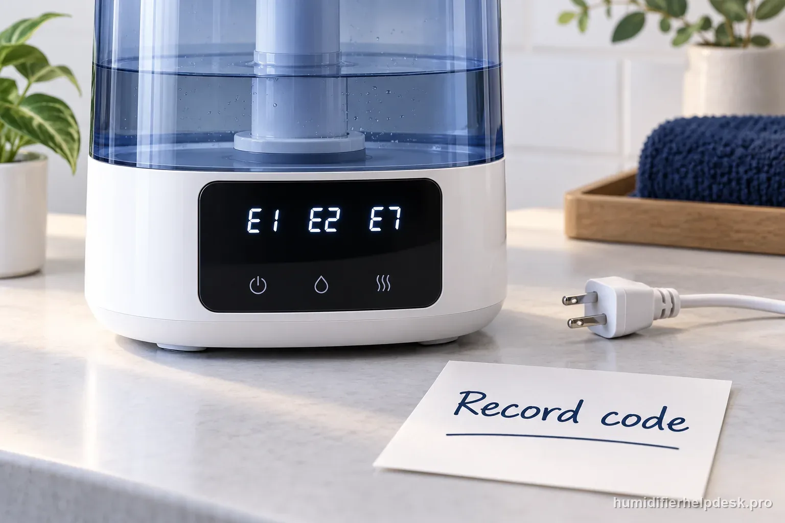 Generic humidifier display shows E1, E2, and E7 beside a note to record the code before contacting support.