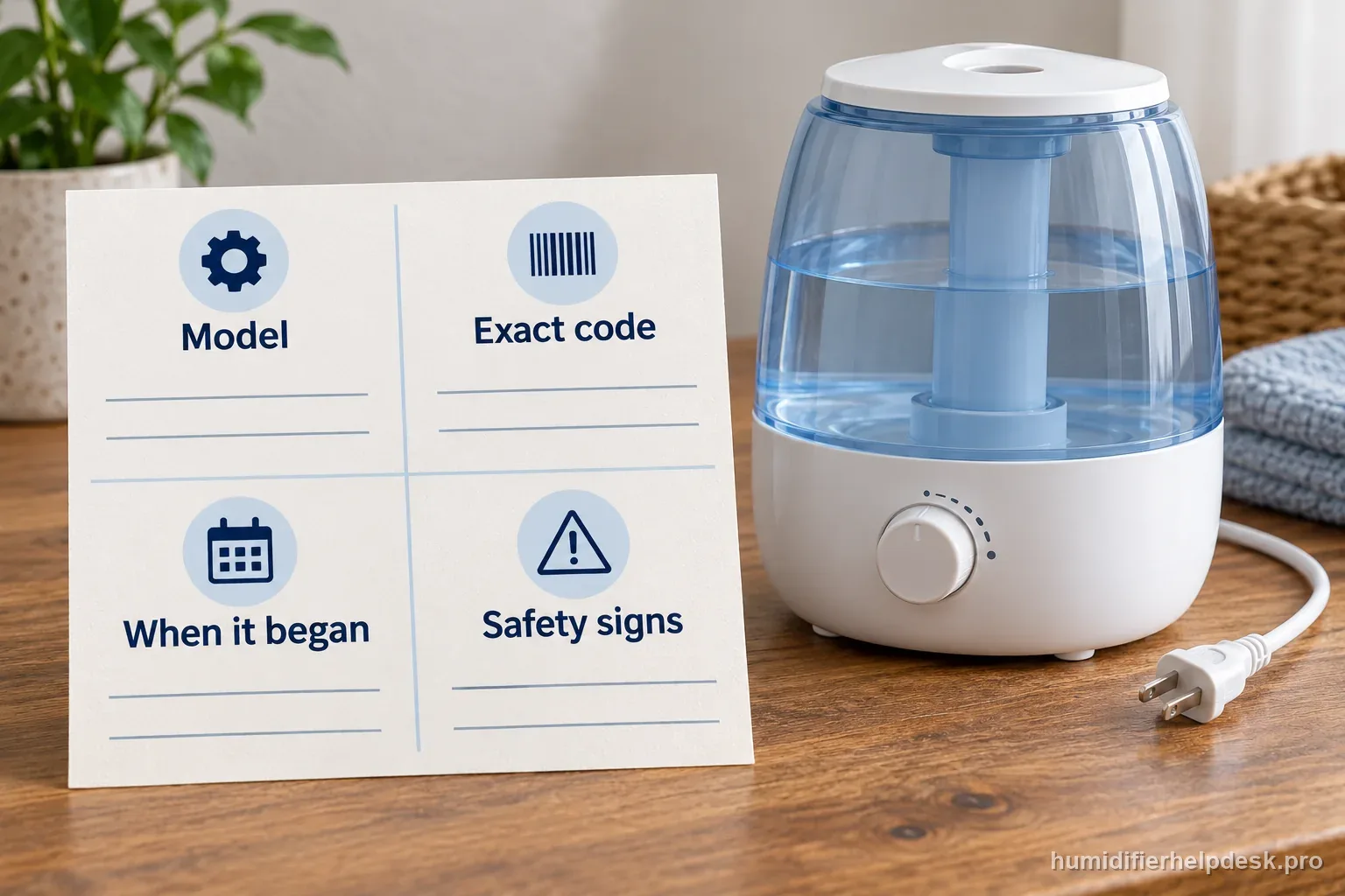 A humidifier is unplugged beside a four-part support note labeled model, exact code, when it began, and safety signs.