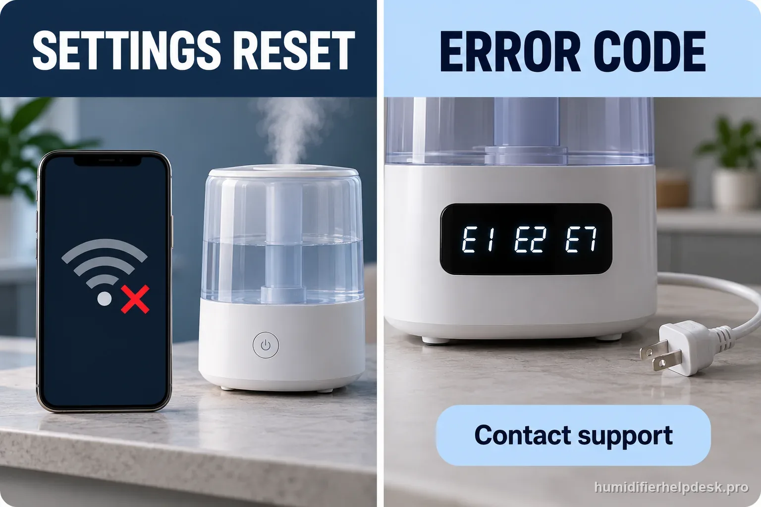 A split illustration contrasts a smart humidifier settings reset with an unplugged unit showing E1, E2, and E7.