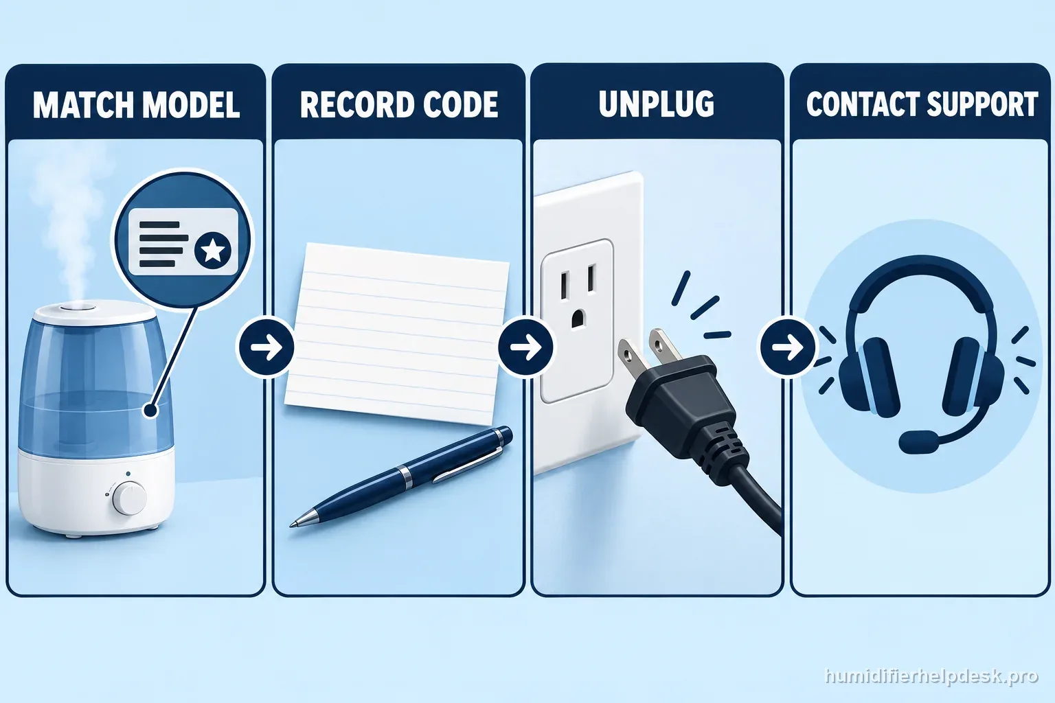 Four-step humidifier support flow matches the model, records the code, unplugs the unit, and contacts support.