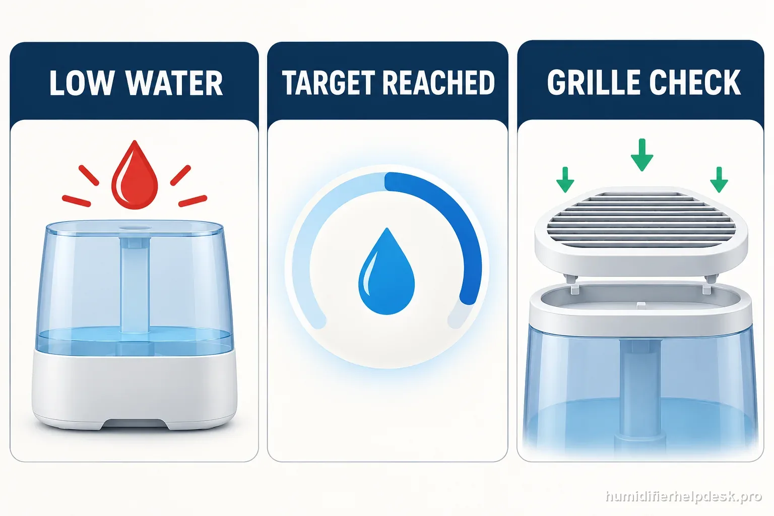 Three illustrated humidifier states compare low water, a reached humidity target, and a correctly seated grille interlock.