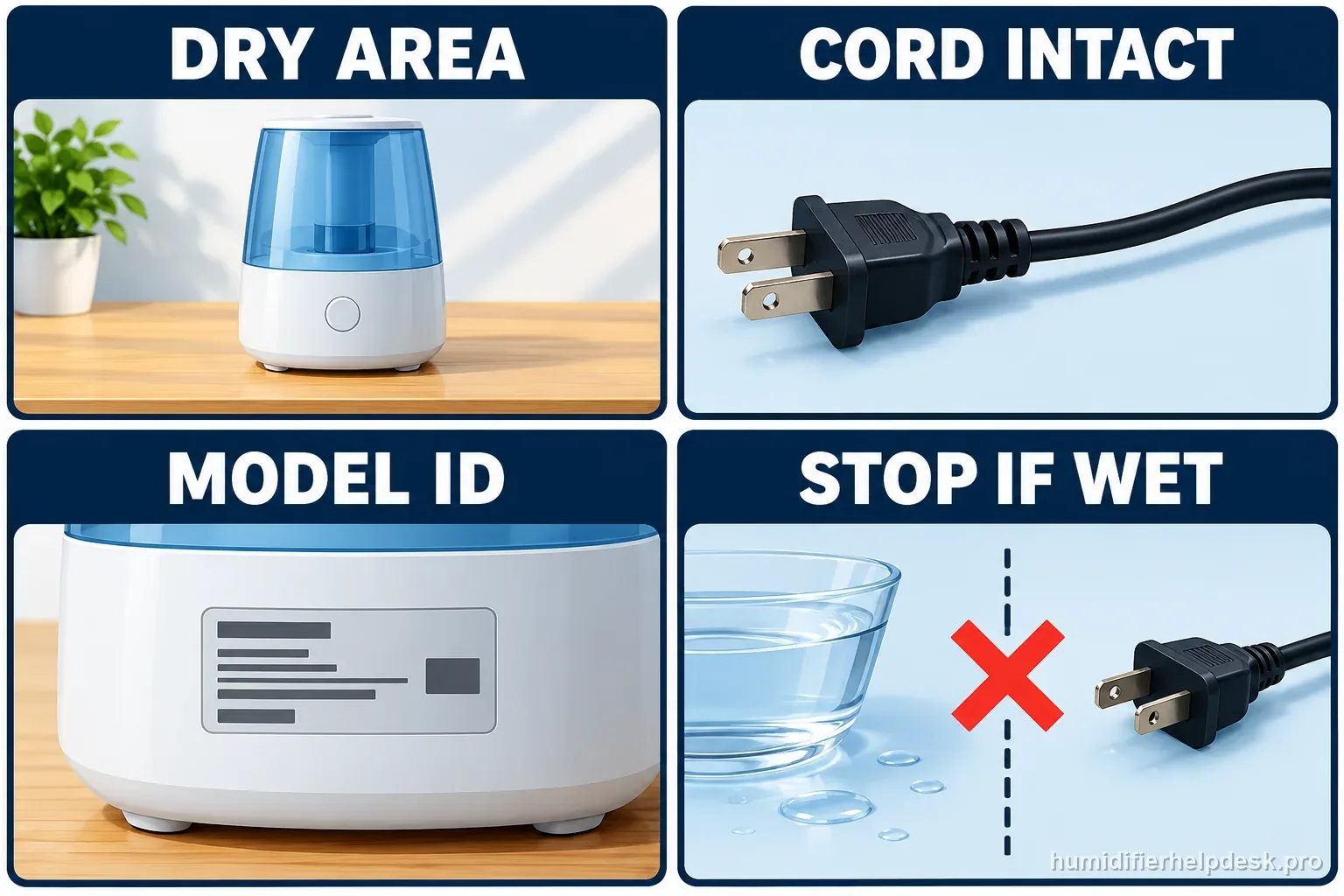 A four-part safety graphic shows a dry area, intact cord, model identification, and stopping if electrical equipment is wet.