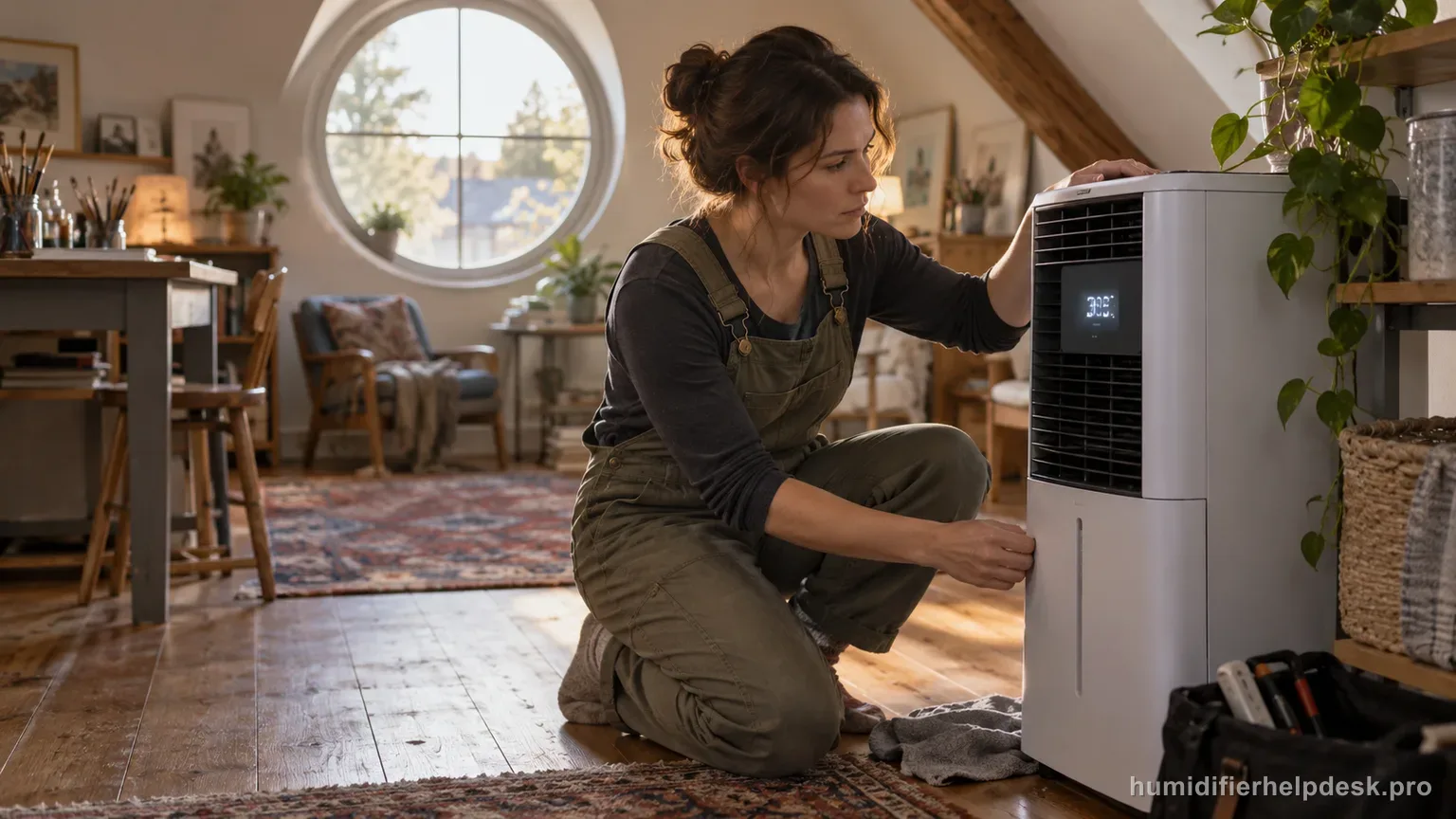 Illustrative person kneeling beside a tall console evaporative humidifier checking a small illuminated display