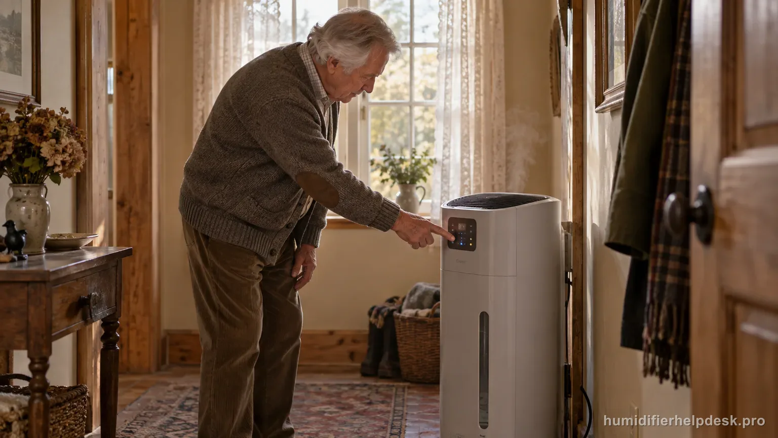 Illustrative person pointing at a small flashing display on a tall console evaporative humidifier