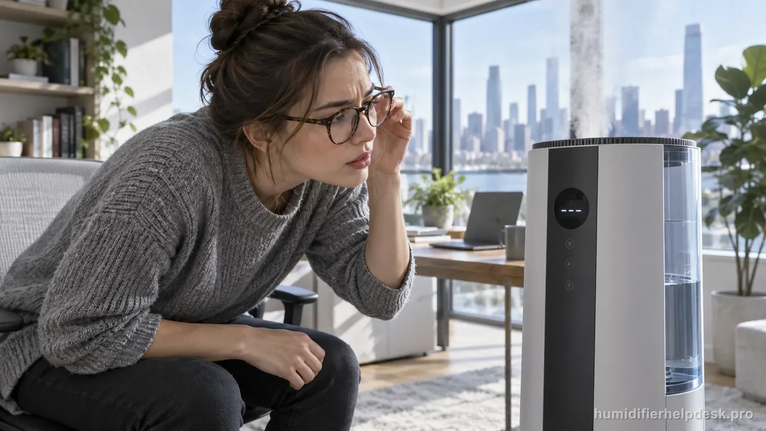 Illustrative person inspecting a small dash-filled display on a tall console evaporative humidifier