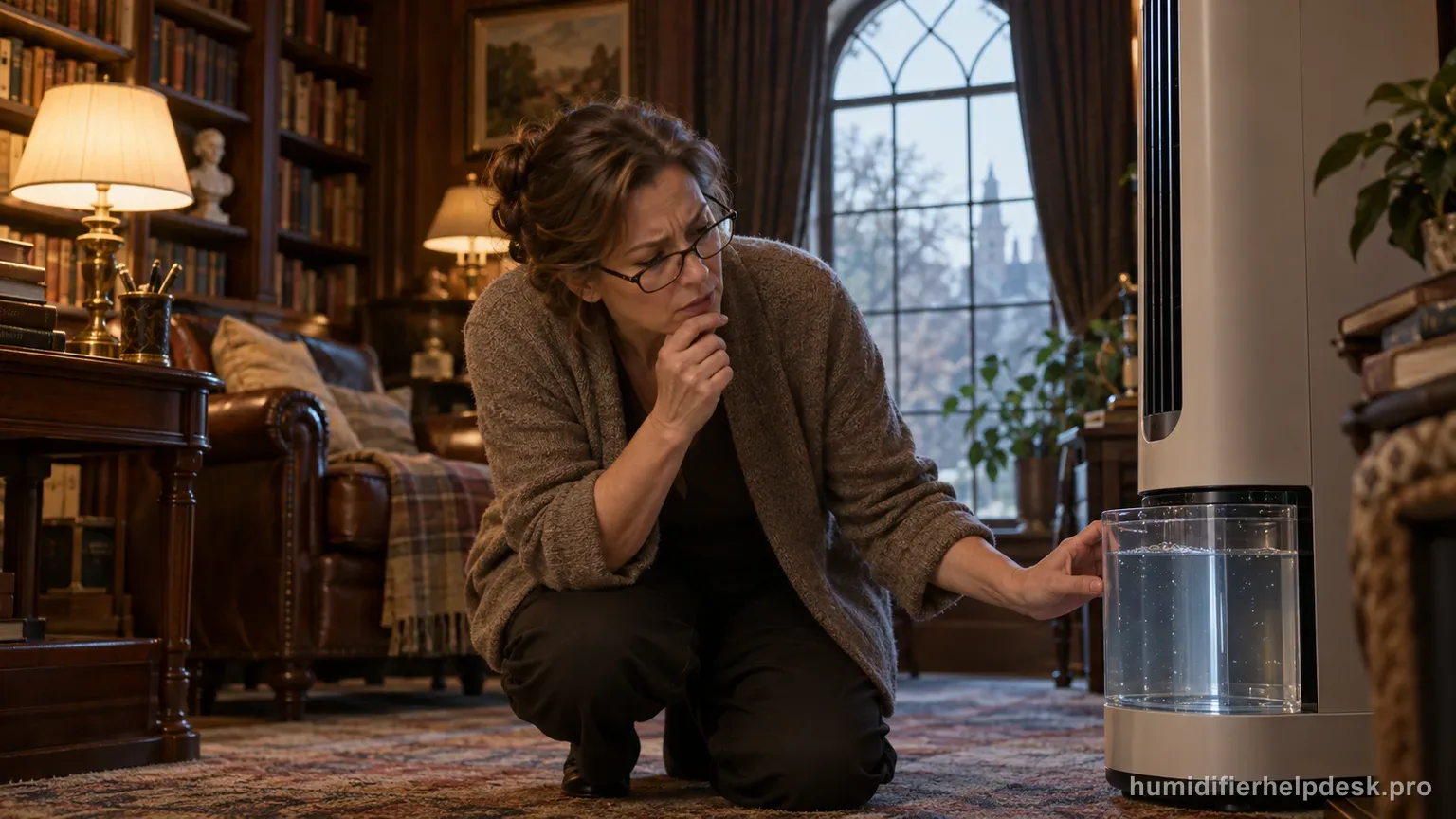 Illustrative person checking a visibly full water reservoir at the base of a tall console evaporative humidifier