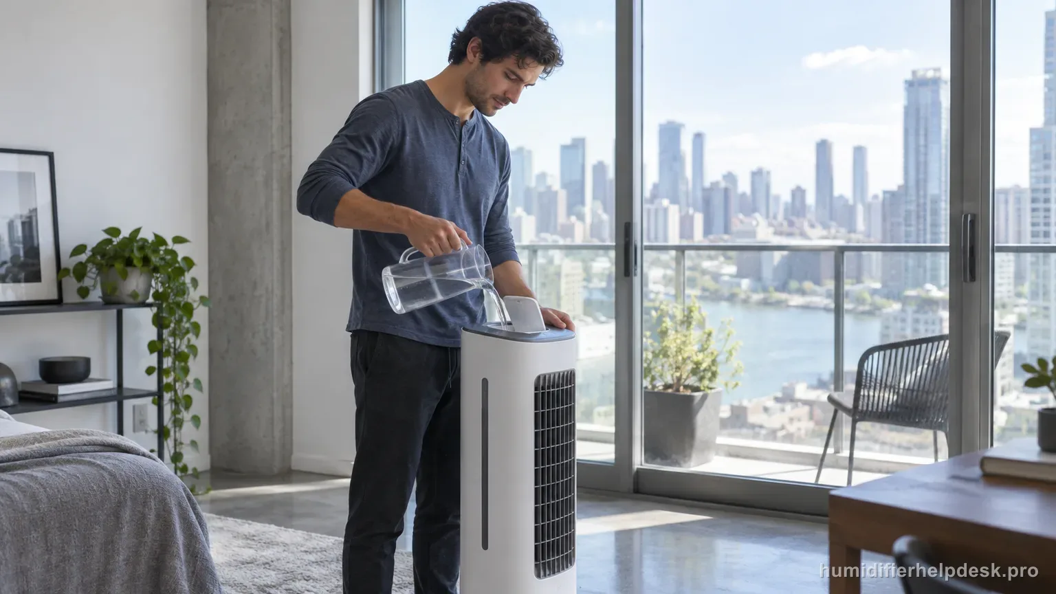 Illustrative person pouring water into a tall console evaporative humidifier with a small illuminated display