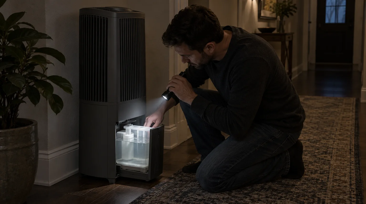 Illustrative a tall console evaporative humidifier in a hallway while a person kneels to check the water reservoir with a flashlight