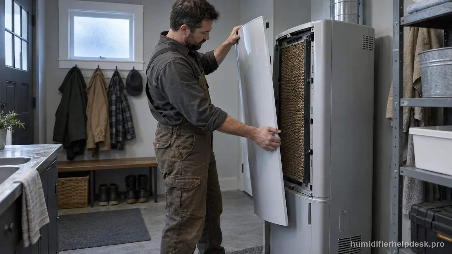 Illustrative person lifting the front panel off a tall console evaporative humidifier to inspect the float and wick