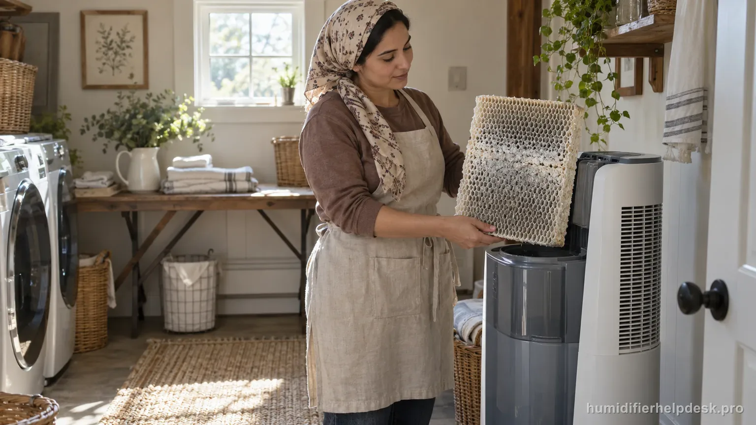 Illustrative hand holding a large stiff, mineral-crusted wick filter beside a tall console evaporative humidifier
