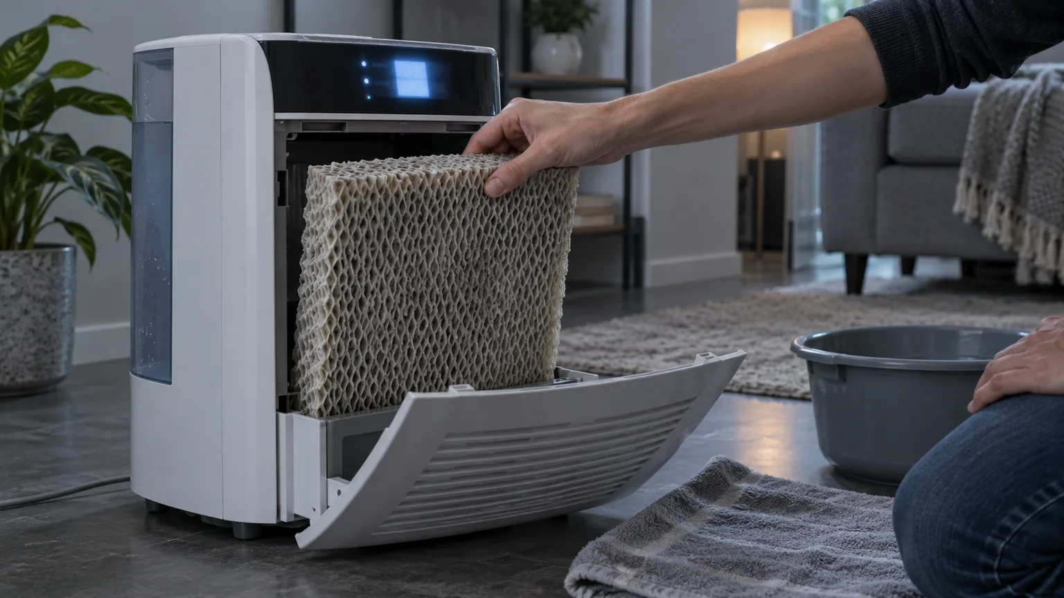 Illustrative a console-style evaporative humidifier with its front panel open while a hand lifts out the wick filter