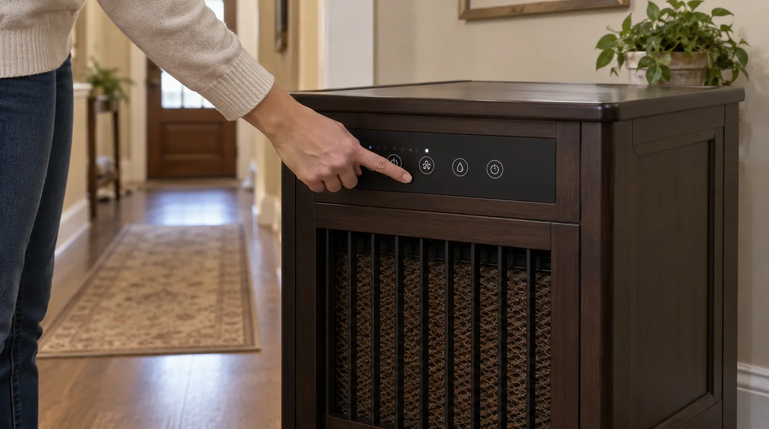 Illustrative hand pressing a control button on a console-style evaporative humidifier to unlock the controls