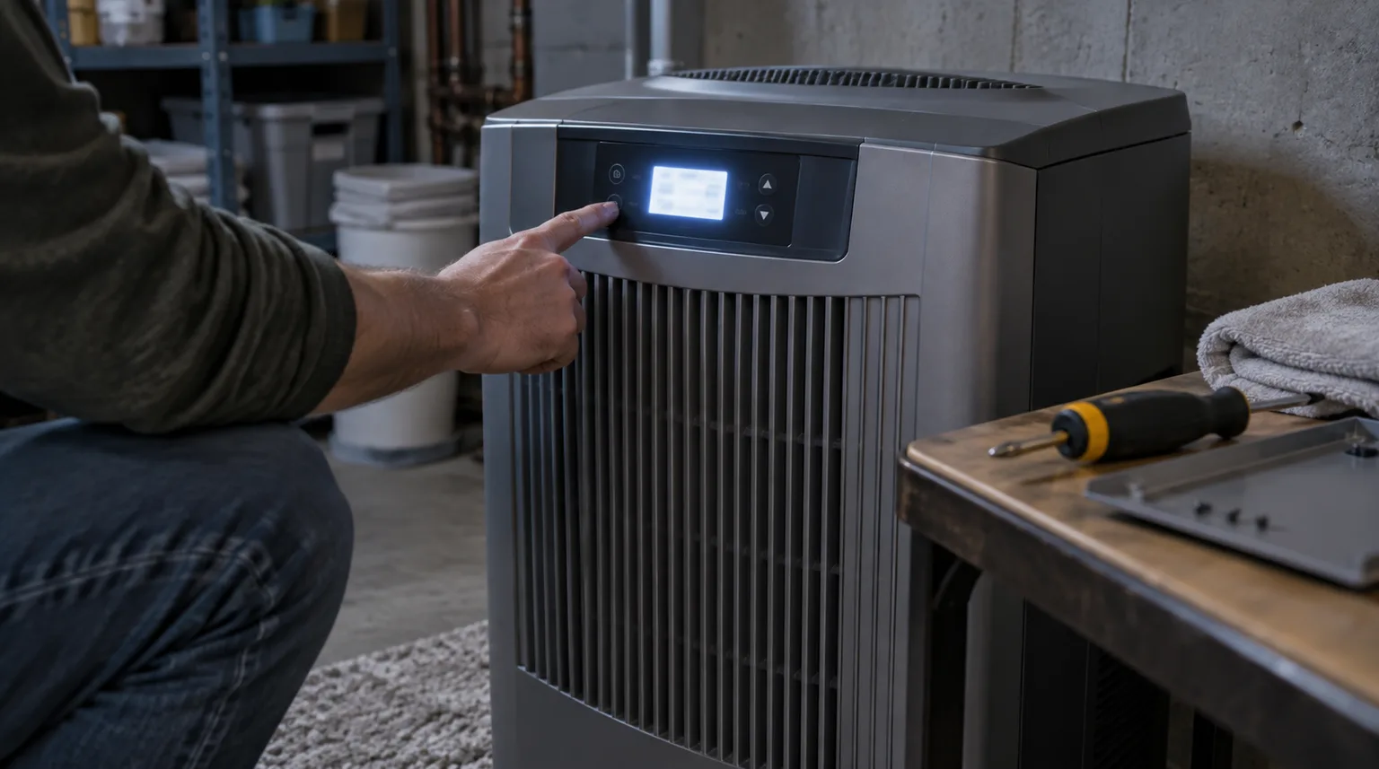 Illustrative hand pointing at a small illuminated display on a console-style evaporative humidifier