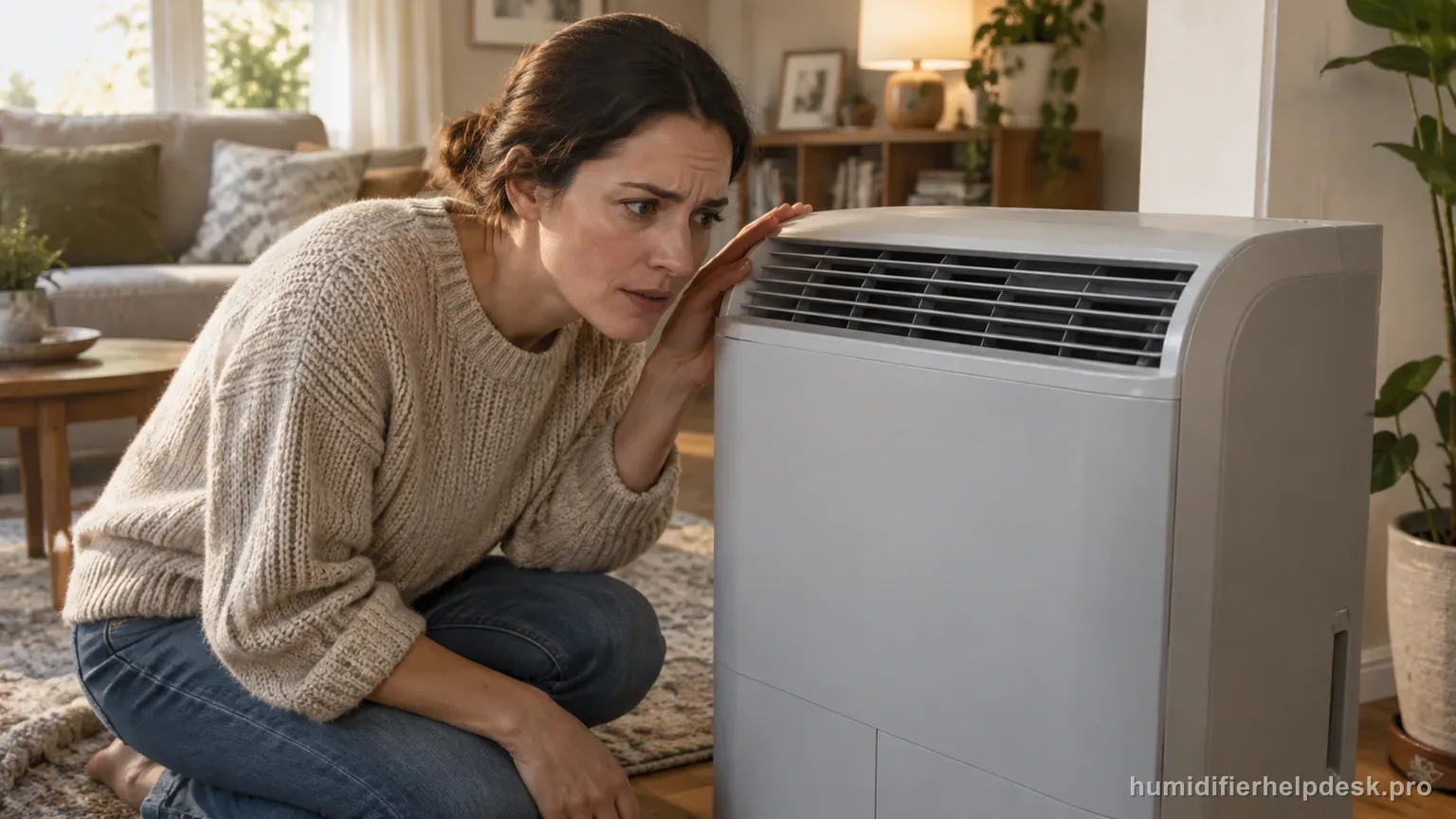 Illustrative person leaning close to a console-style evaporative humidifier to listen to the fan at high speed