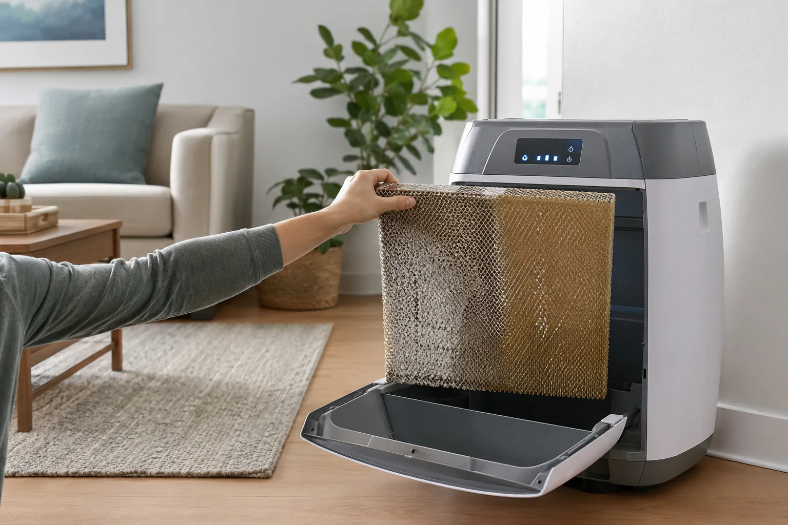 Illustrative console evaporative humidifier with its large wick filter removed for inspection