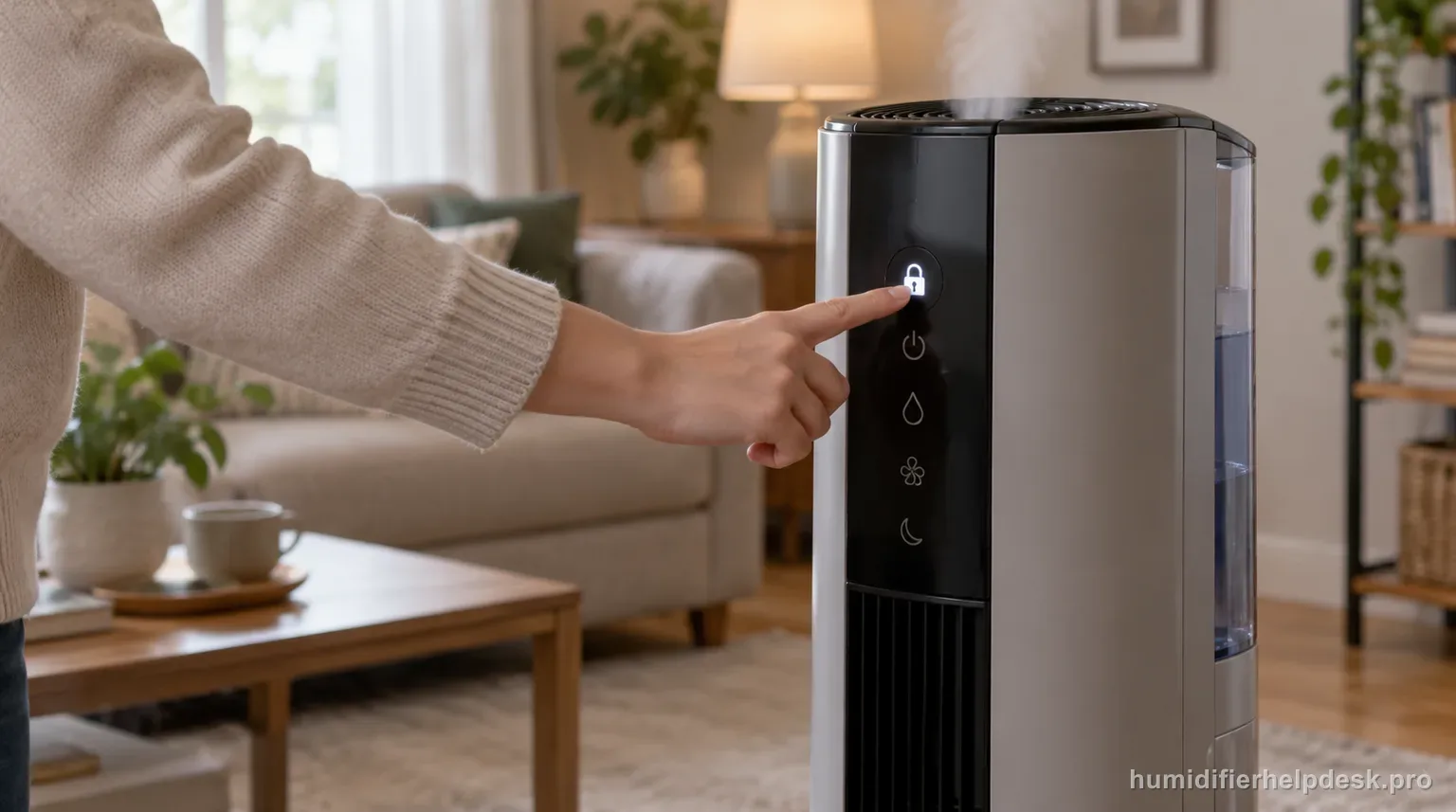 Illustrative hand pressing a control button on a tall console evaporative humidifier to unlock the controls