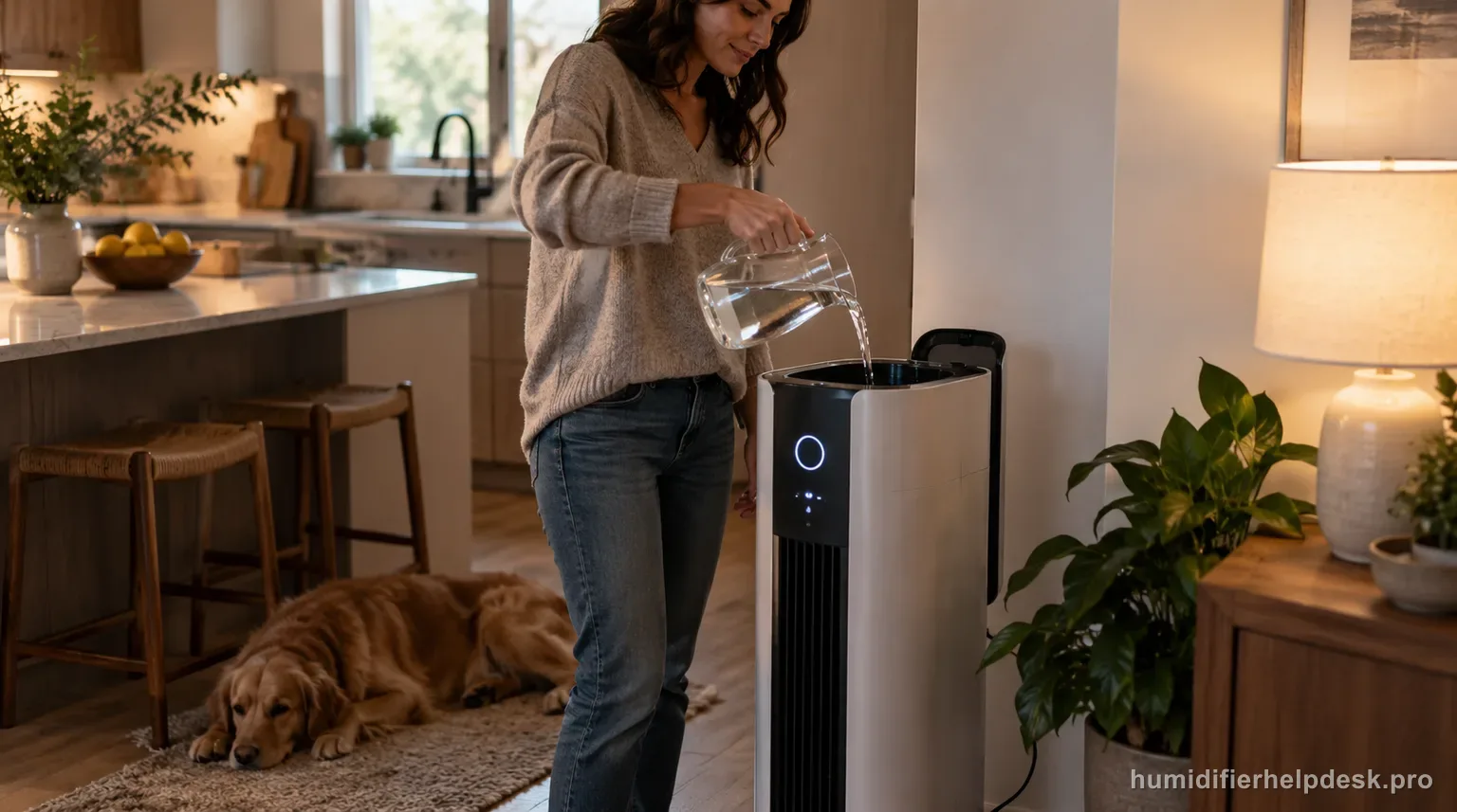 Illustrative person pouring water into a tall console evaporative humidifier with a small illuminated display