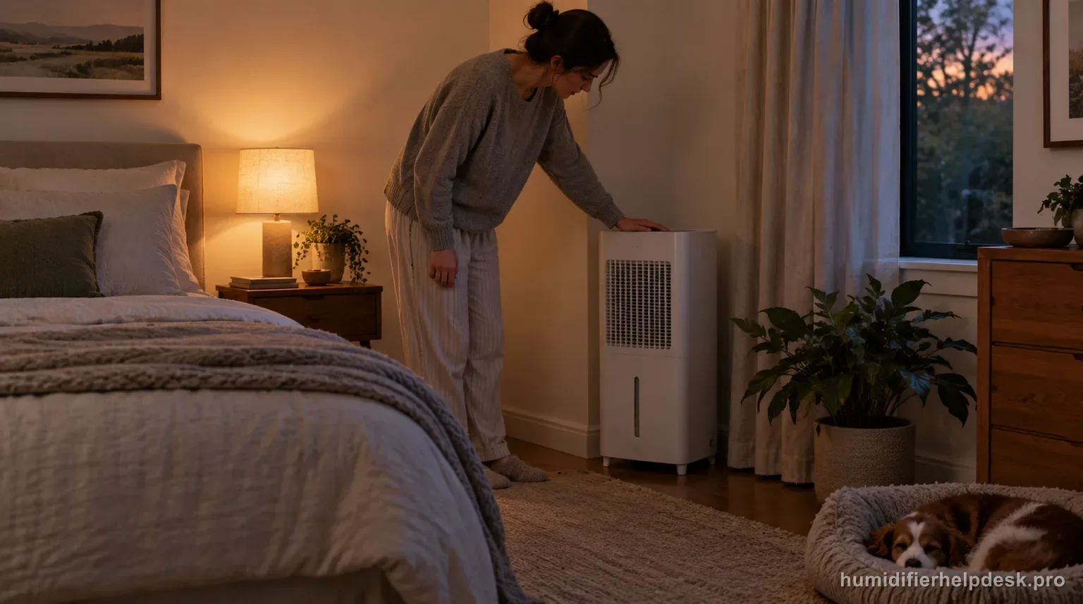 Illustrative person checking a quiet tall console evaporative humidifier that has stopped running