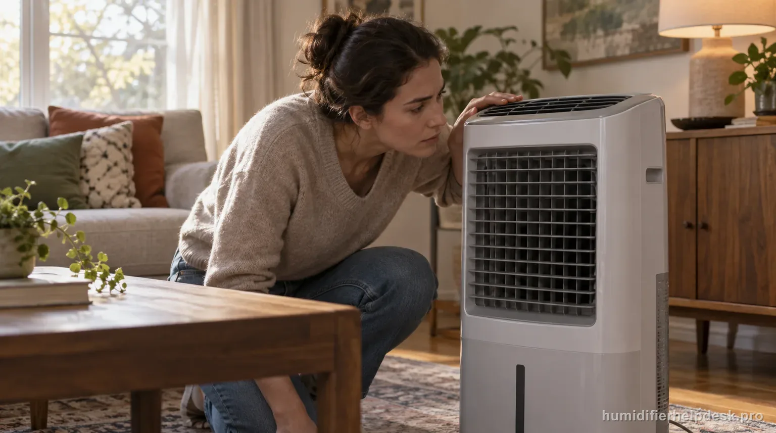 Illustrative person leaning close to a tall console evaporative humidifier to listen to the fan at high speed