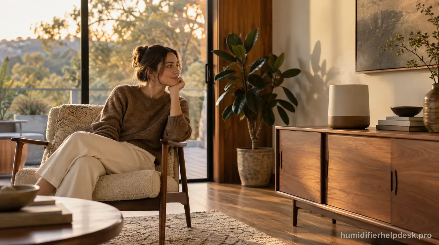 Illustrative person glancing at a quiet minimalist designer evaporative humidifier on a credenza in a living room
