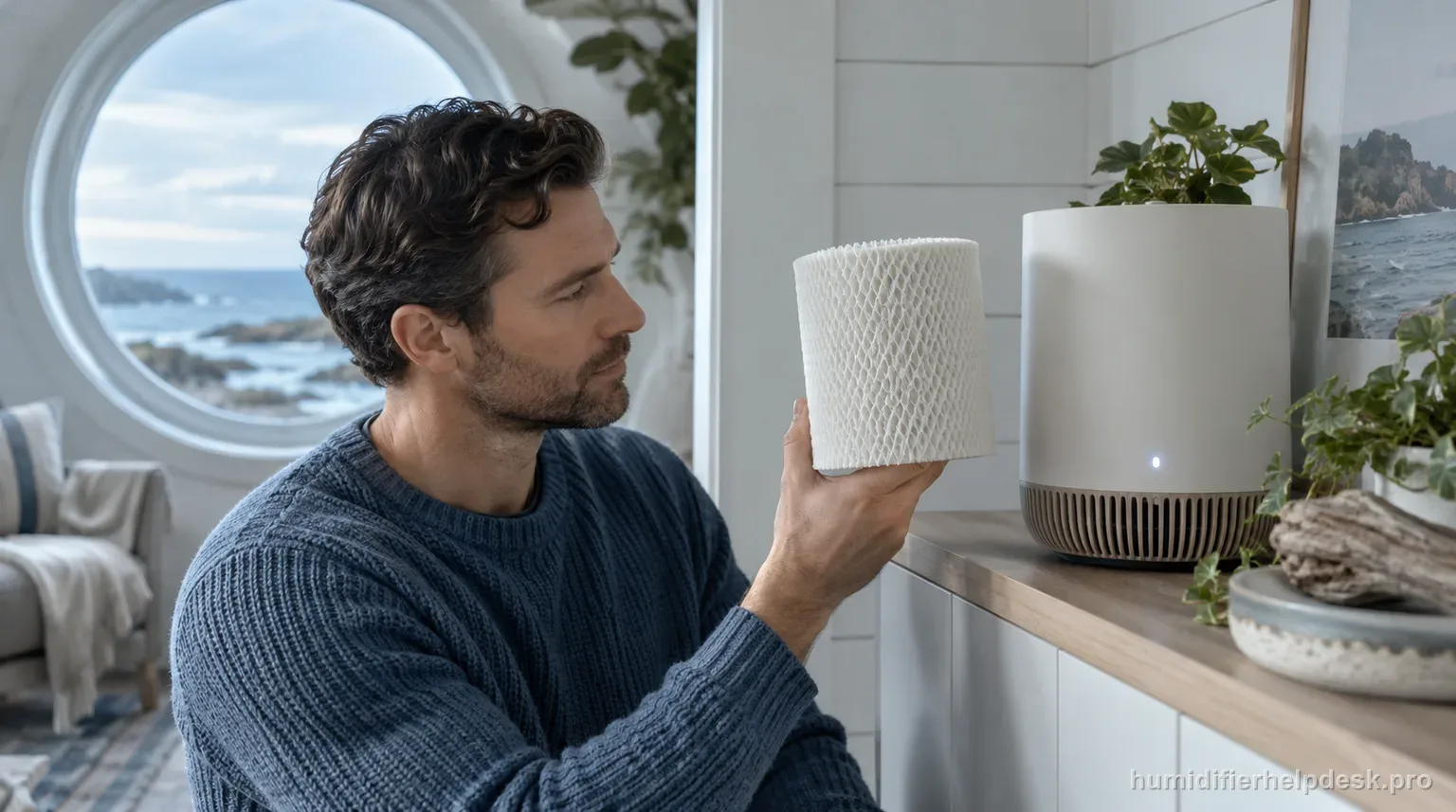 Illustrative person holding a fresh wick filter beside a minimalist designer evaporative humidifier to compare against the indicator