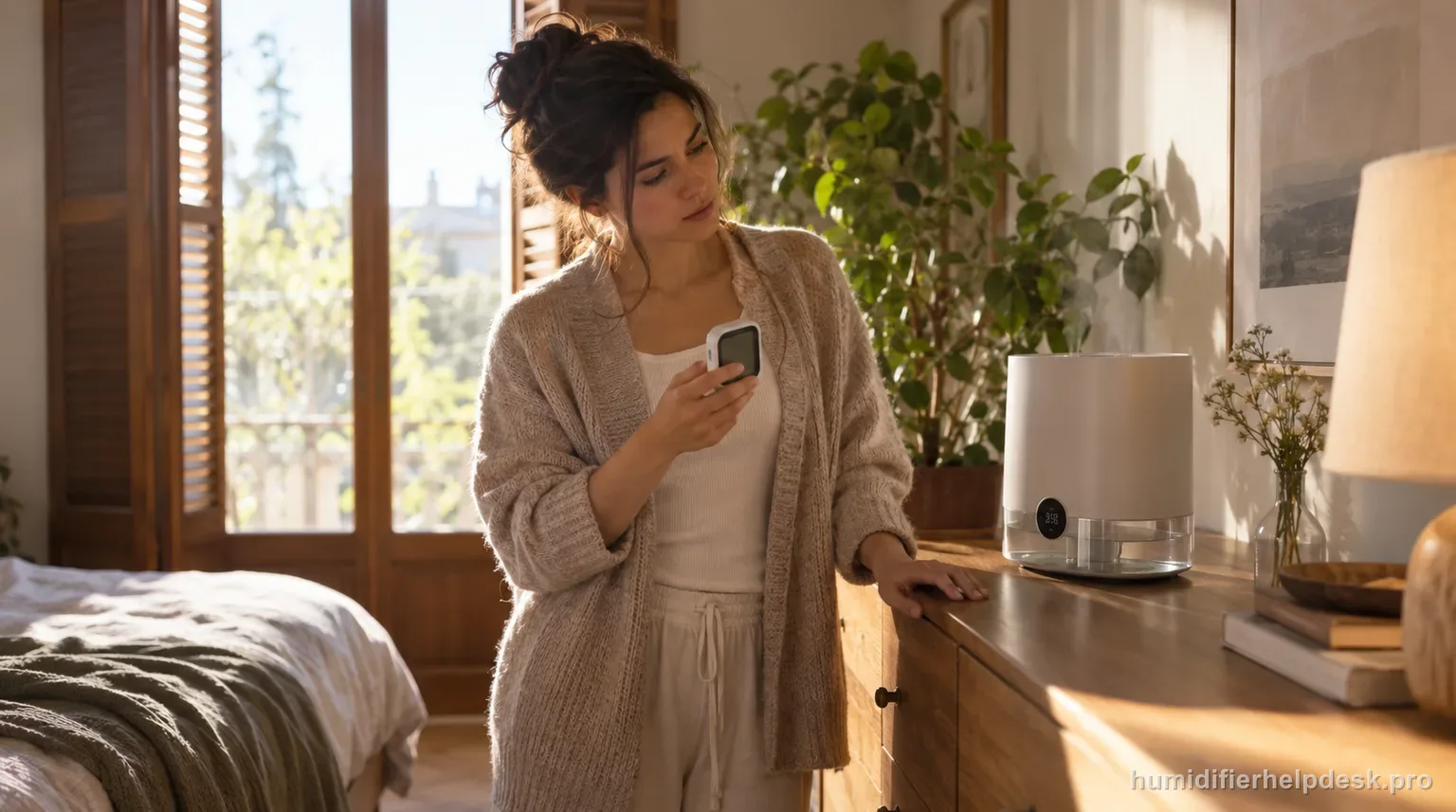 Illustrative person comparing a handheld hygrometer against the display of a minimalist designer evaporative humidifier