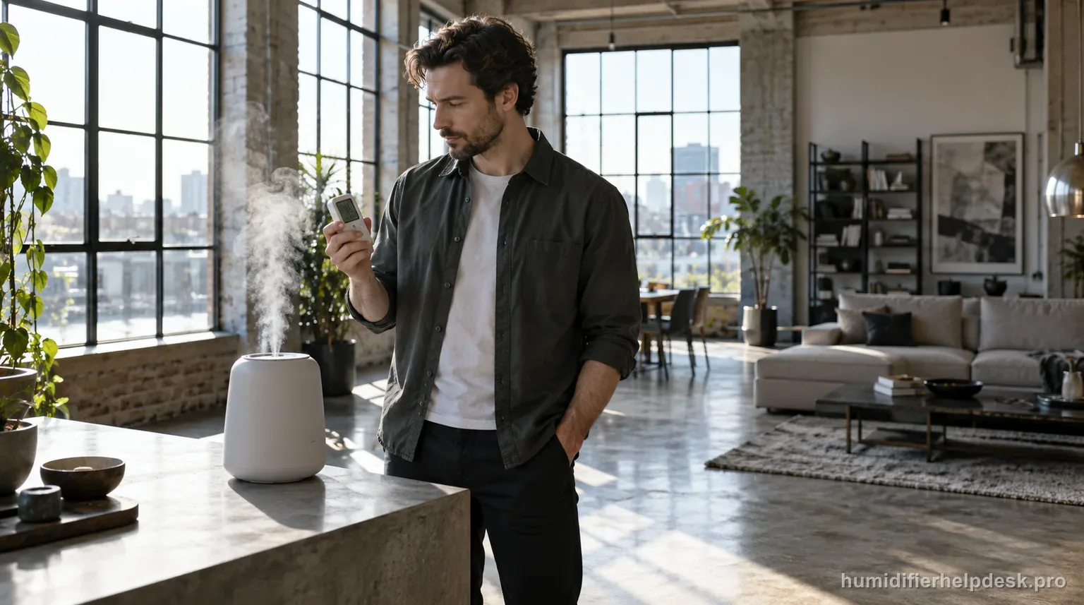 Illustrative handheld hygrometer held in a large open-plan loft near a minimalist designer evaporative humidifier