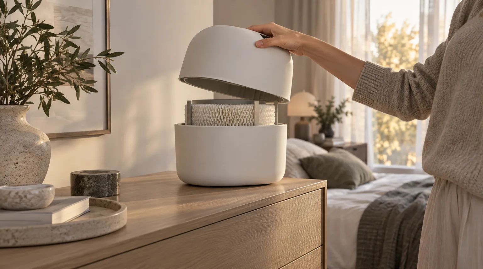 Illustrative a minimalist designer evaporative humidifier on a dresser while a hand lifts the top cover to inspect the wick