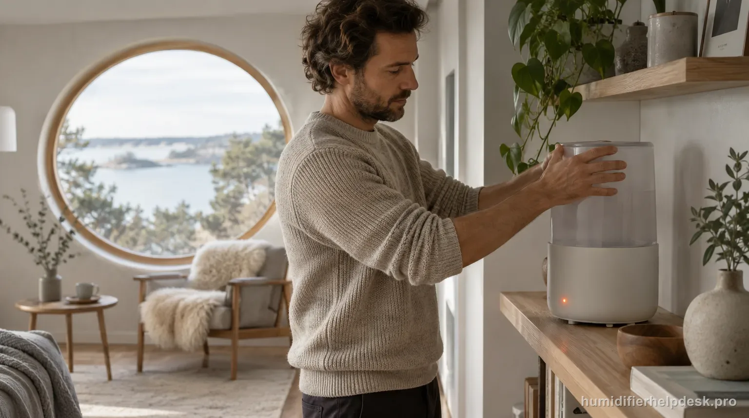 Illustrative person reaching to lift the tank on a minimalist designer evaporative humidifier with a flashing orange light