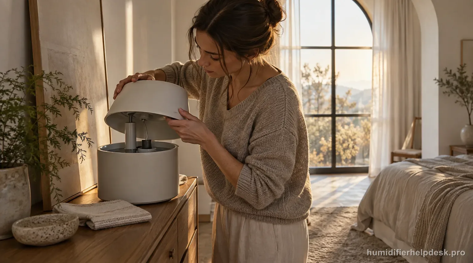 Illustrative person lifting the top cover off a minimalist designer evaporative humidifier to inspect the pump
