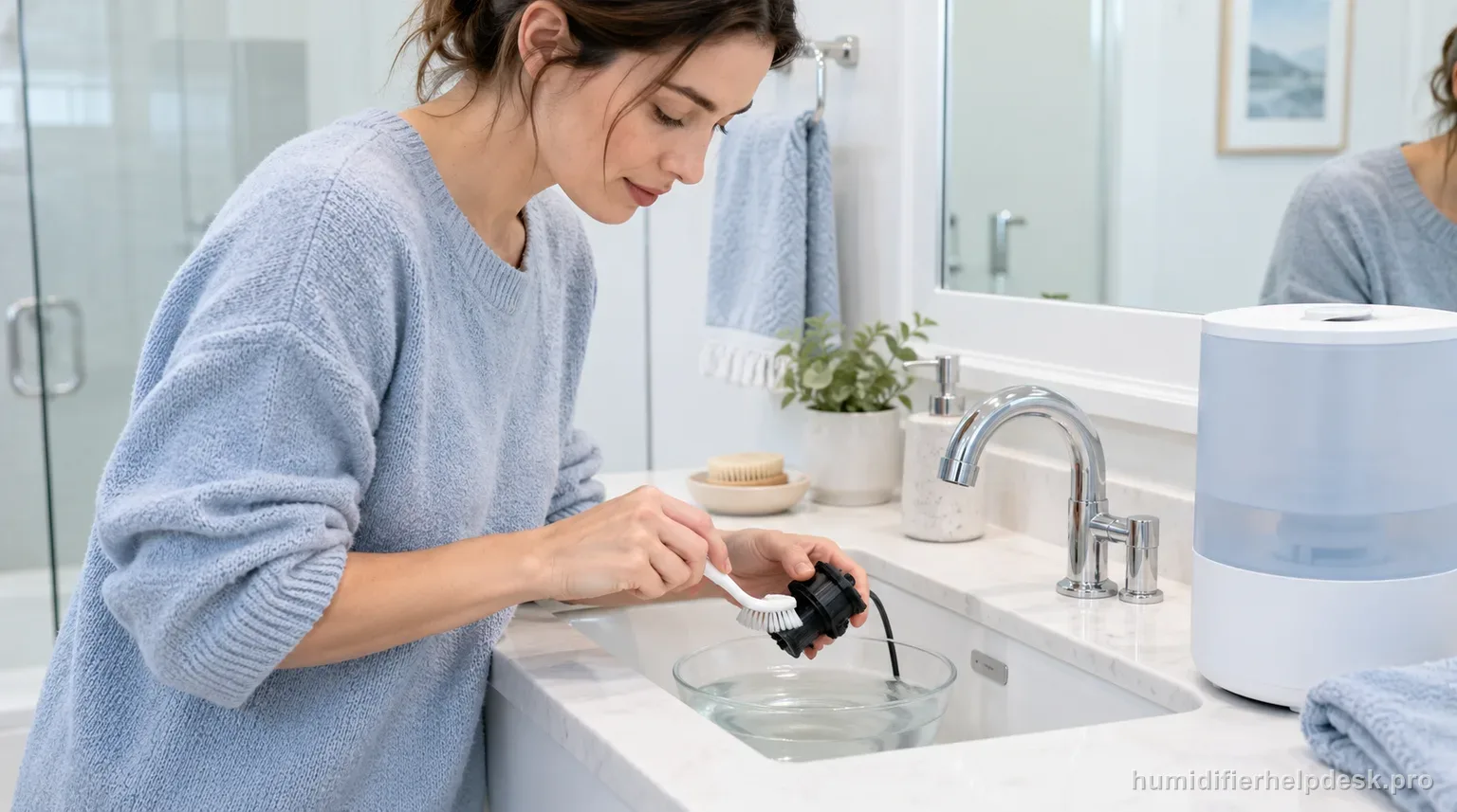 Illustrative person scrubbing a small pump component in a vinegar-water solution in a bathroom sink