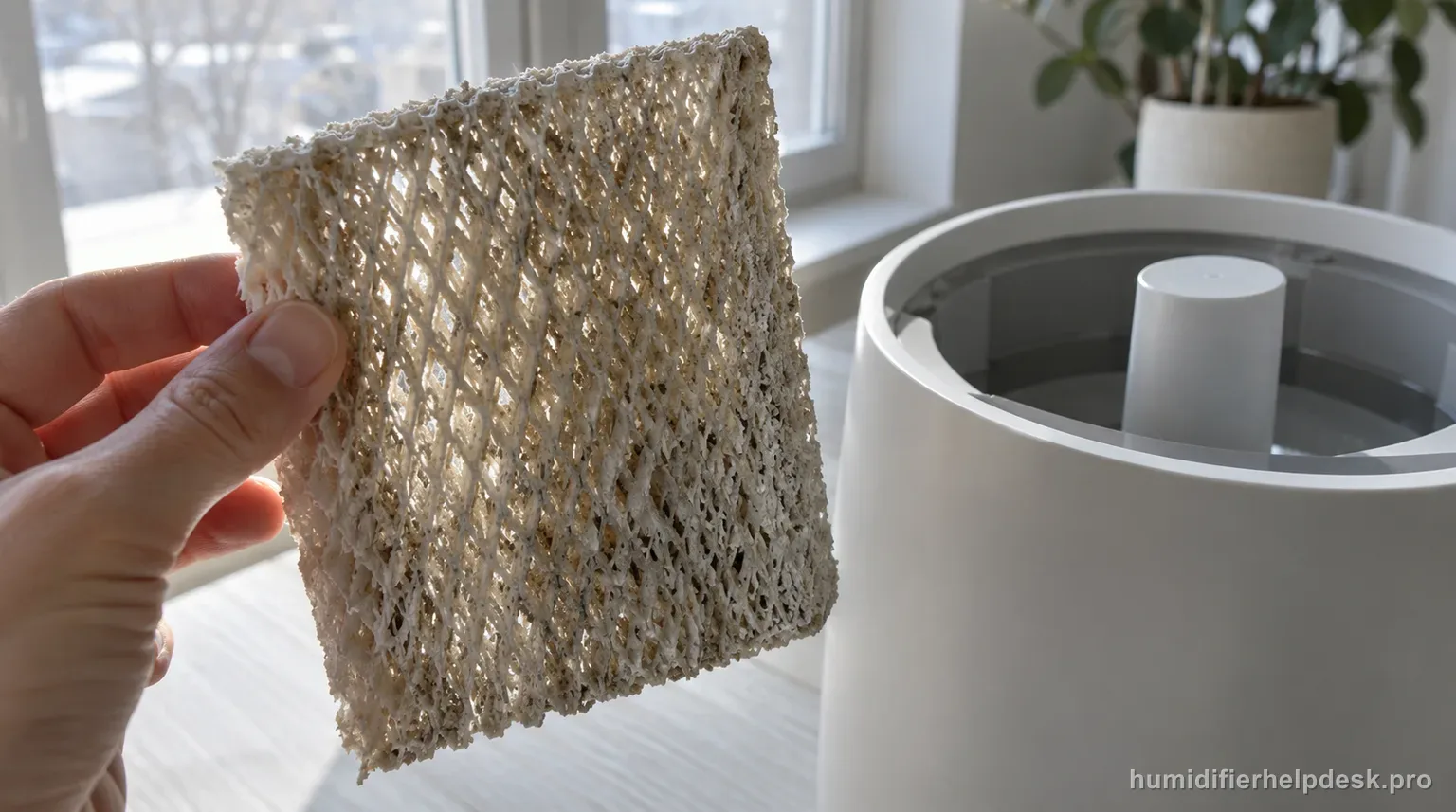Illustrative hand holding a stiff, mineral-crusted wick filter beside a minimalist designer evaporative humidifier