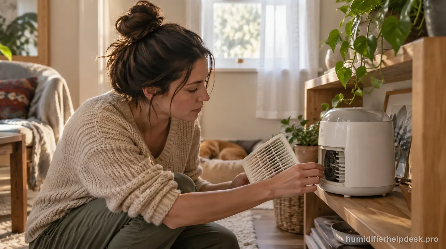 Illustrative person checking the front grate of a compact rounded evaporative humidifier while holding the grate panel
