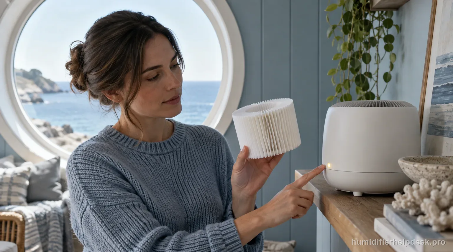 Illustrative person holding a fresh paper filter beside a compact rounded evaporative humidifier to compare against the indicator