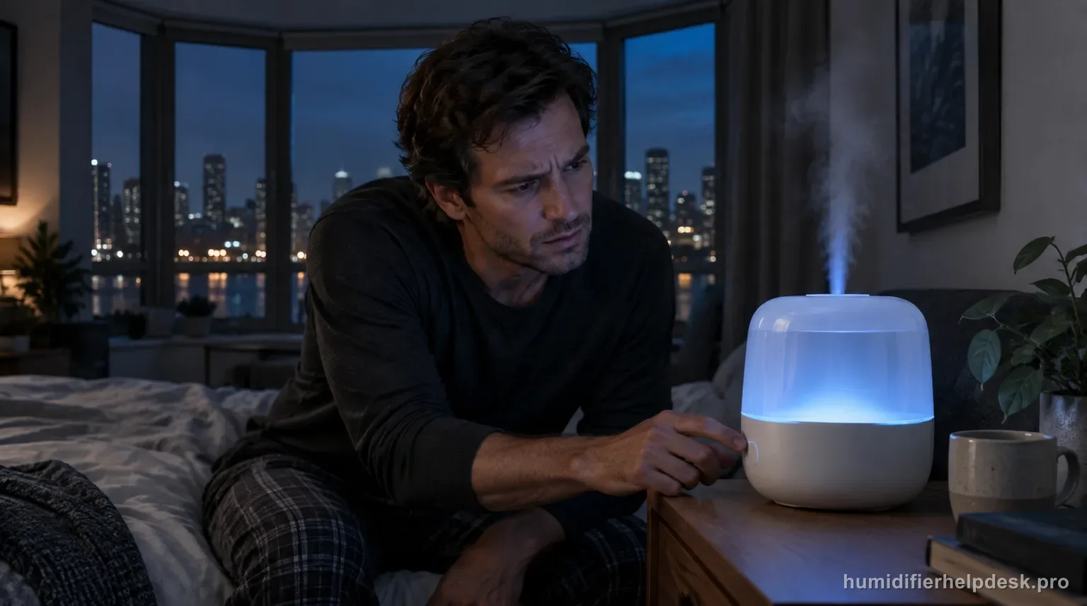 Illustrative person looking puzzled at a compact rounded evaporative humidifier that has lit back up after being turned off