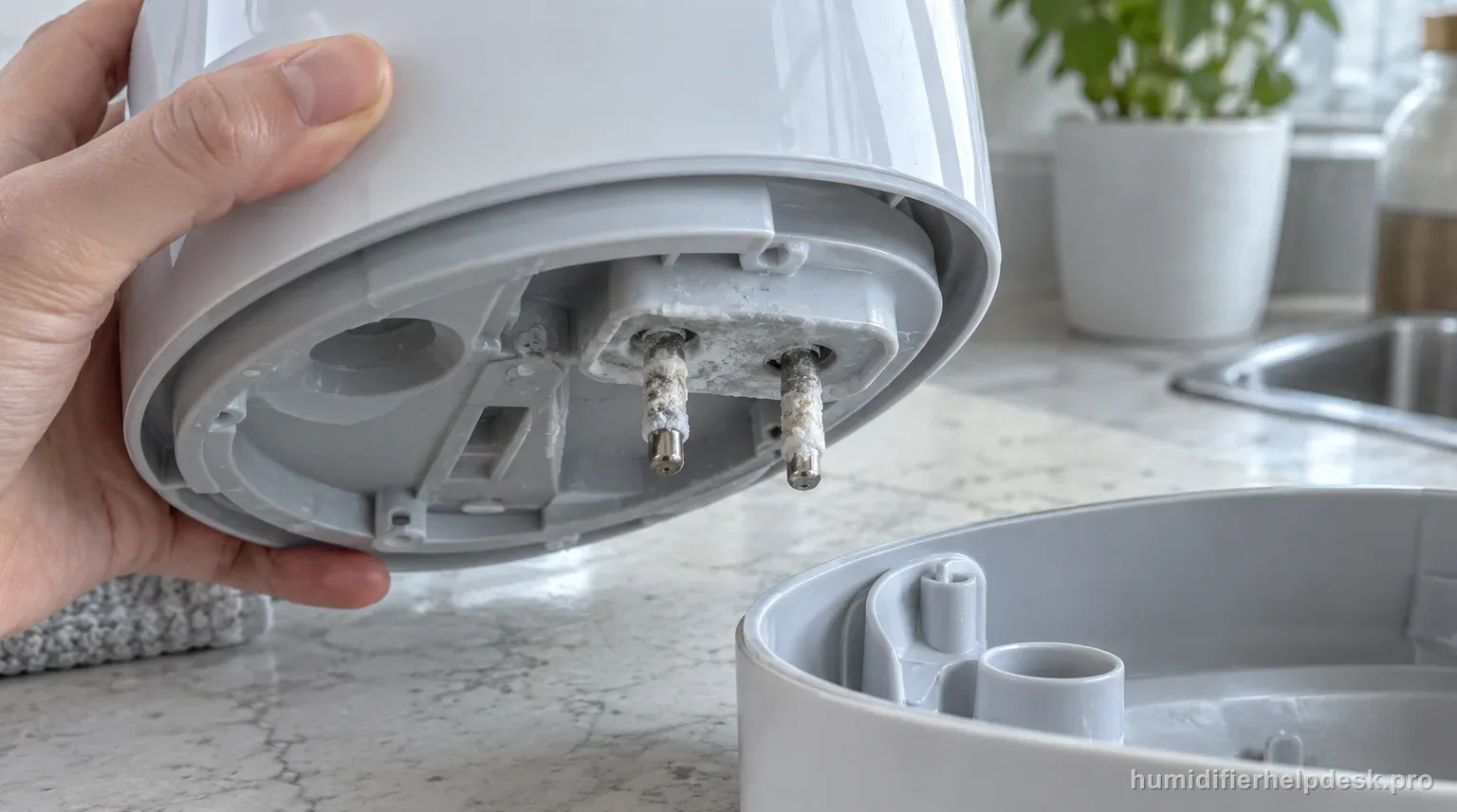 Illustrative hand tilting a compact rounded evaporative humidifier base to show two small metal probes coated in white scale