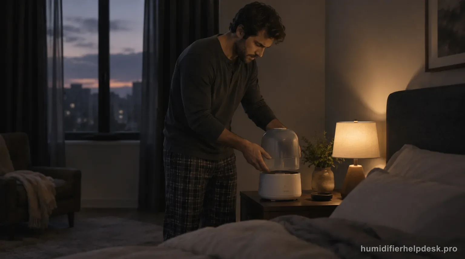 Illustrative person reseating a water tank onto a compact rounded evaporative humidifier on a nightstand