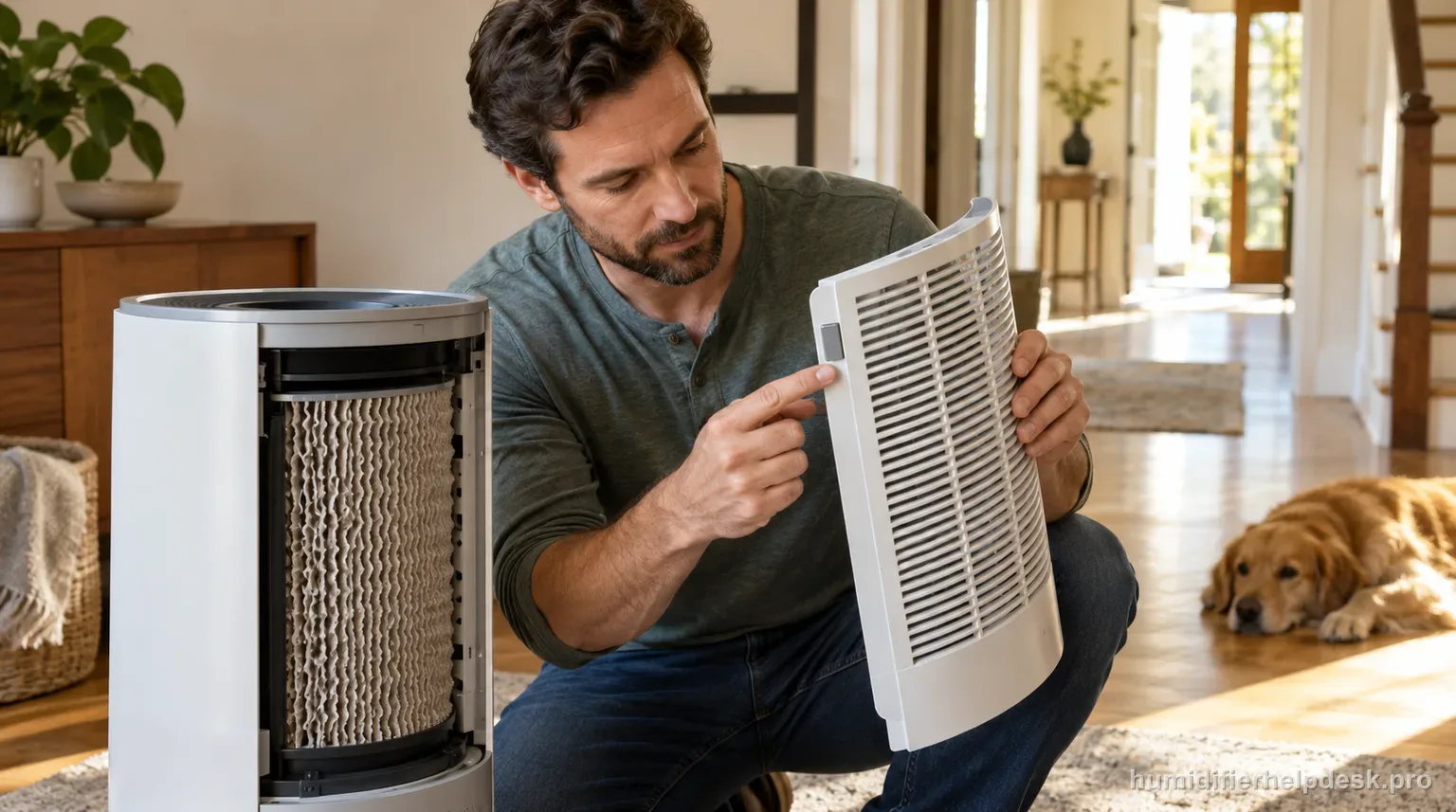 Illustrative person holding the front grate panel of a tall cylindrical evaporative humidifier, pointing at a magnet slot
