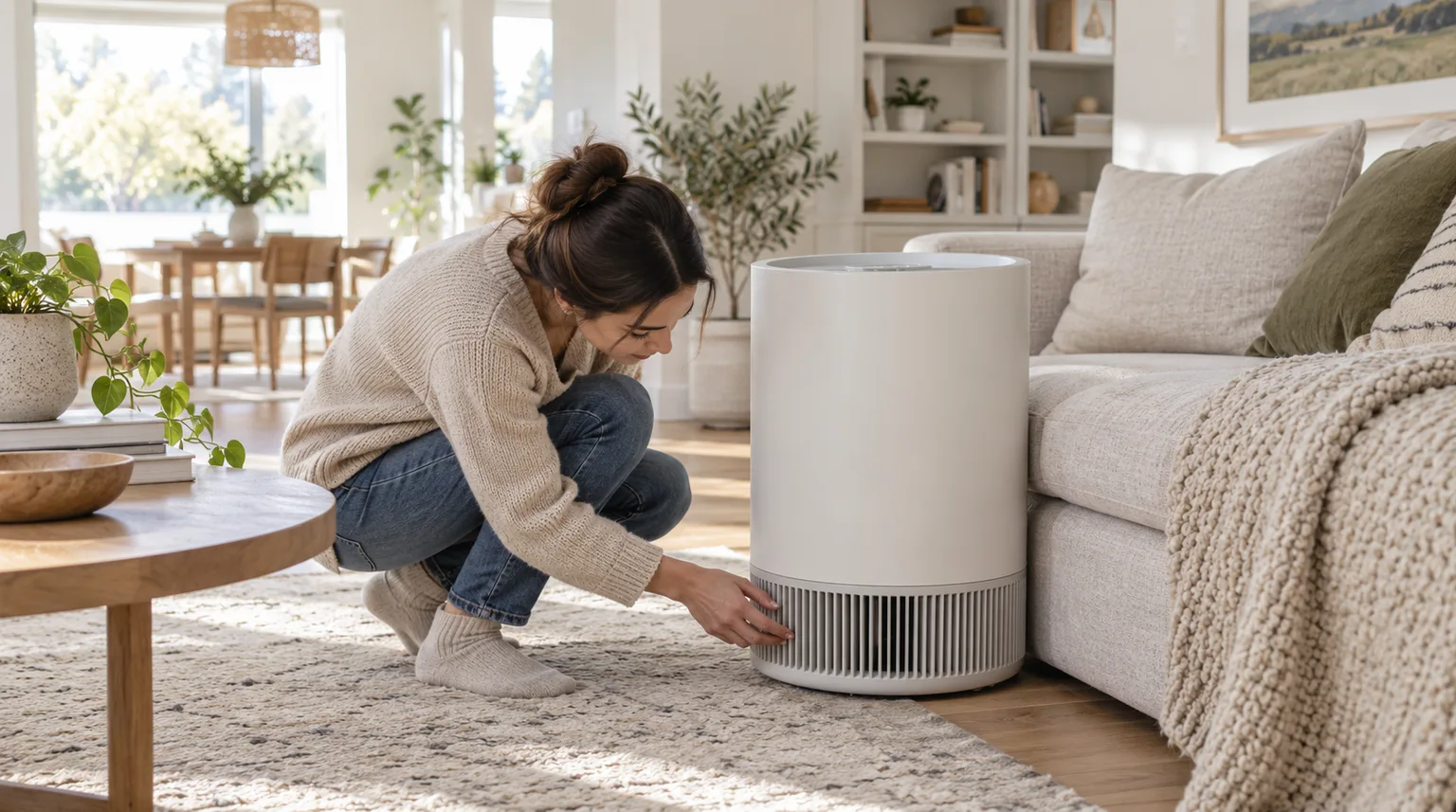 Illustrative a large cylindrical living-room humidifier beside a sofa while a person checks the base grate for obstruction