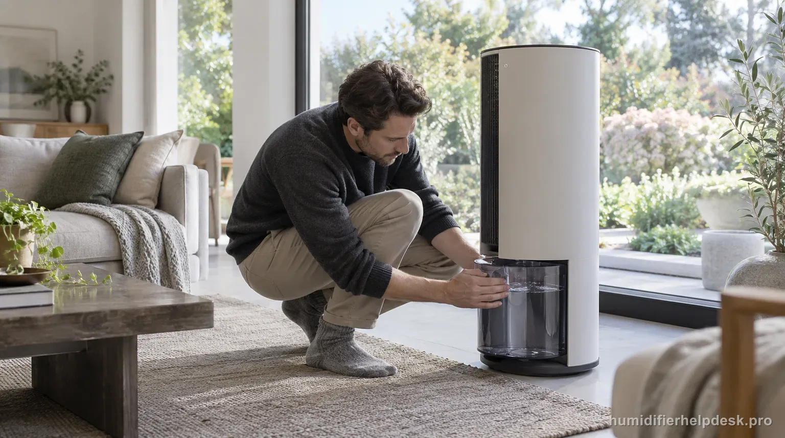 Illustrative person crouching to check the water reservoir of a tall cylindrical evaporative humidifier in a living room